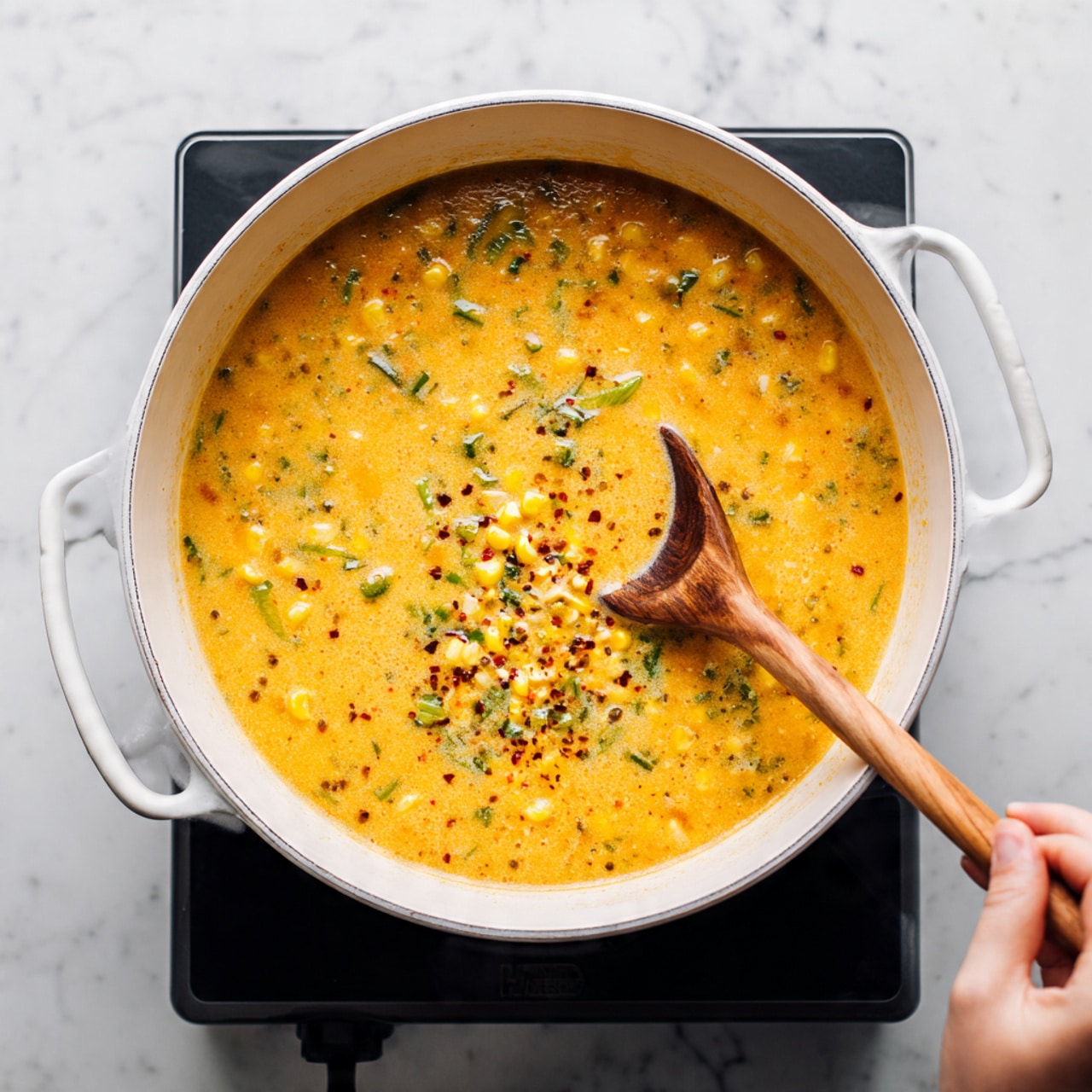 A white pot filled with creamy soup that has visible pieces of green peppers, yellow corn, and small chunks of other ingredients. The soup is a light orange color with some darker orange and brown spots. A woman's hand is stirring the soup with a wooden spoon, which is partially immersed in the soup. The pot is placed on a black portable stove on a white marbled surface. photo taken with an iphone --ar 4:5 --v 7