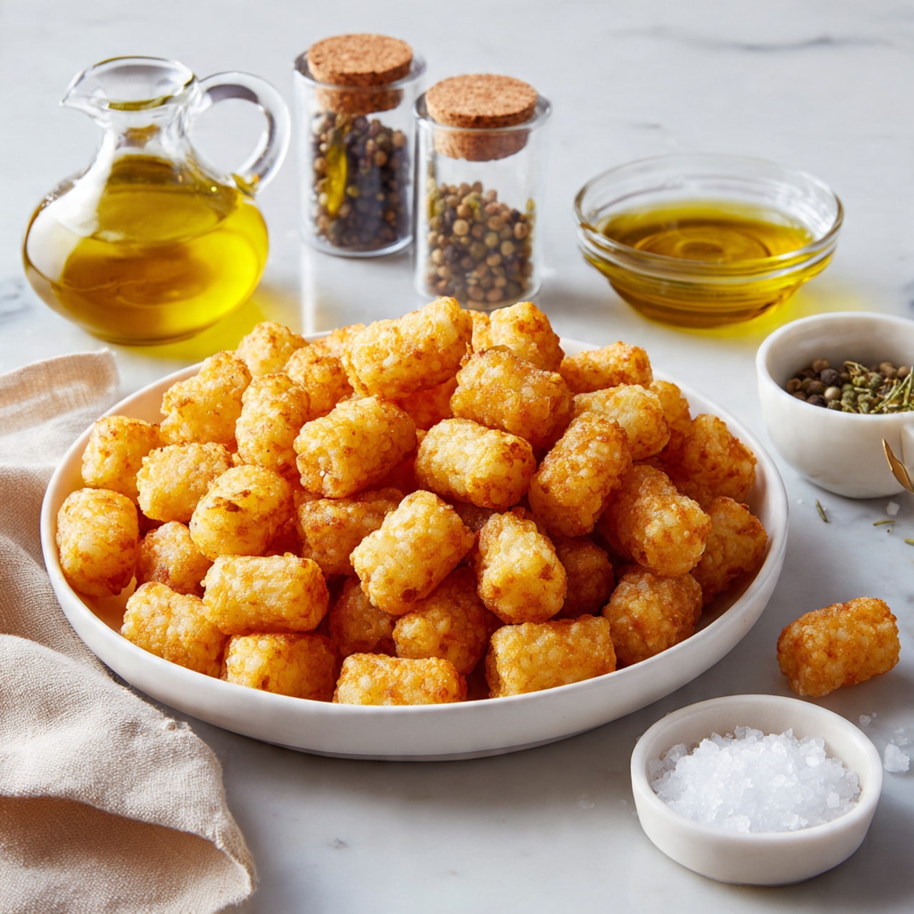 A white bowl filled with small golden brown tater tots that have a crispy texture, placed on a white marbled surface. Around the bowl, there are three small glass jars with cork tops containing peppercorns, a small glass pitcher filled with golden olive oil, two small white bowls of olive oil with one having a spoon inside, and a small white bowl filled with coarse white salt. A soft beige cloth is partly visible to the left of the bowl. photo taken with an iphone --ar 4:5 --v 7