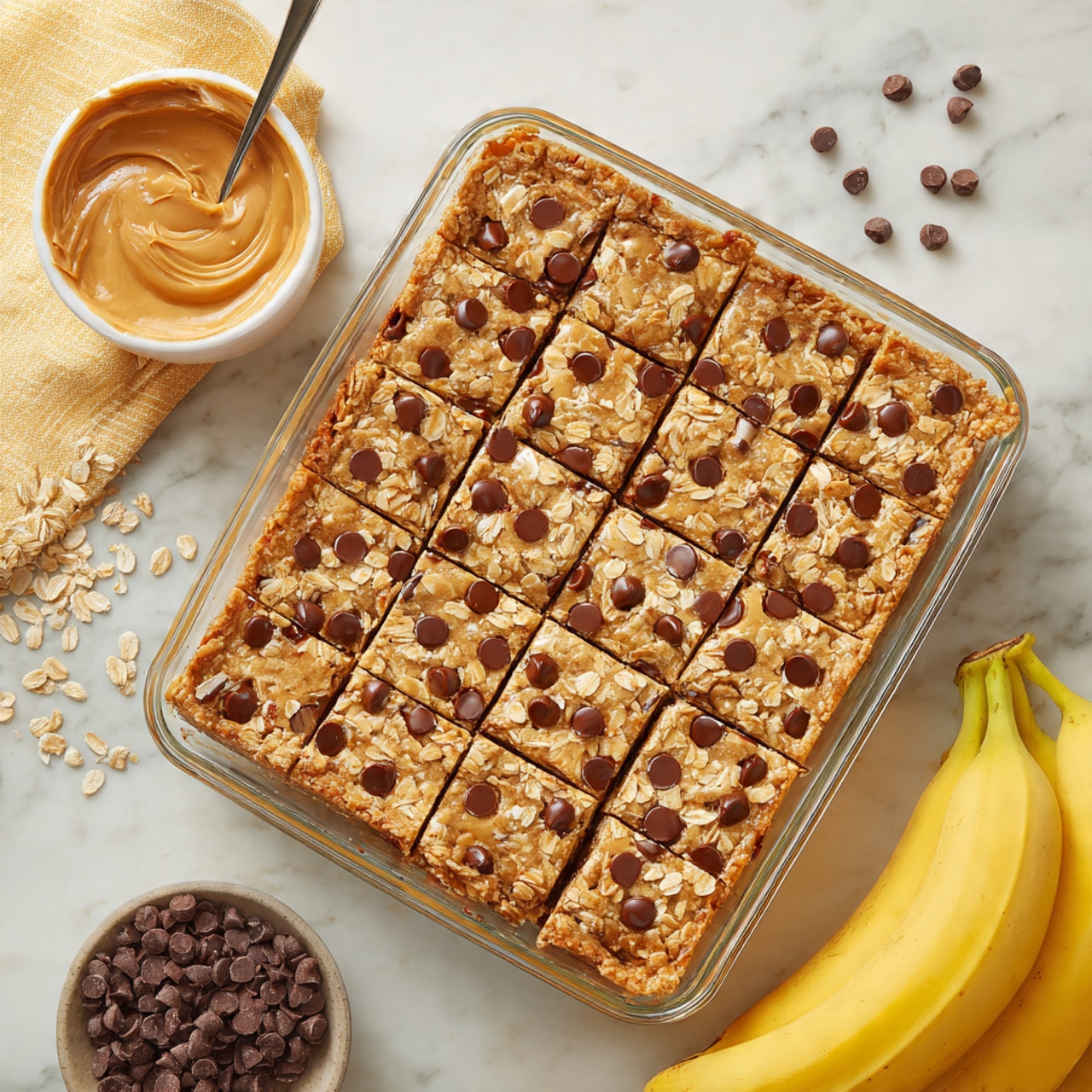 The image shows a glass baking dish filled with a single layer of oatmeal bars mixed with small chocolate chips, cut into sixteen square pieces. The bars are golden brown with a rough texture from the oats and scattered chocolate chips visible throughout. The dish sits on a white marbled surface with a bunch of yellow bananas at the bottom right corner, some scattered oat flakes, and chocolate chips around. At the top left, there is a white bowl with creamy peanut butter and a spoon resting in it. Photo taken with an iphone --ar 4:5 --v 7