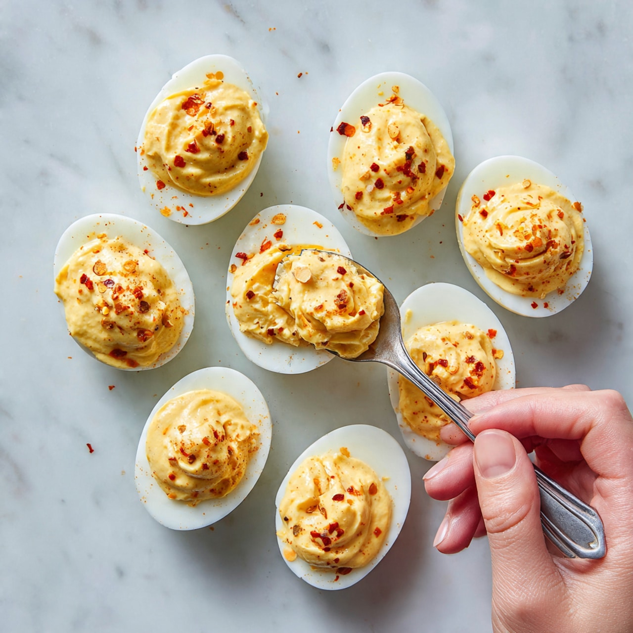 The image shows seven halved boiled eggs arranged on a white marbled surface, each filled with a smooth, creamy yellow yolk mixture with a touch of orange color. Each egg half has a thick layer of the yolk filling, which is slightly mounded and lightly sprinkled with red spice flakes. One egg half is being scooped with a silver spoon that is held by a woman's hand, lifting some of the yolk mixture. The egg whites are firm and white, creating a neat contrast with the bright, fluffy yolk filling inside. photo taken with an iphone --ar 4:5 --v 7