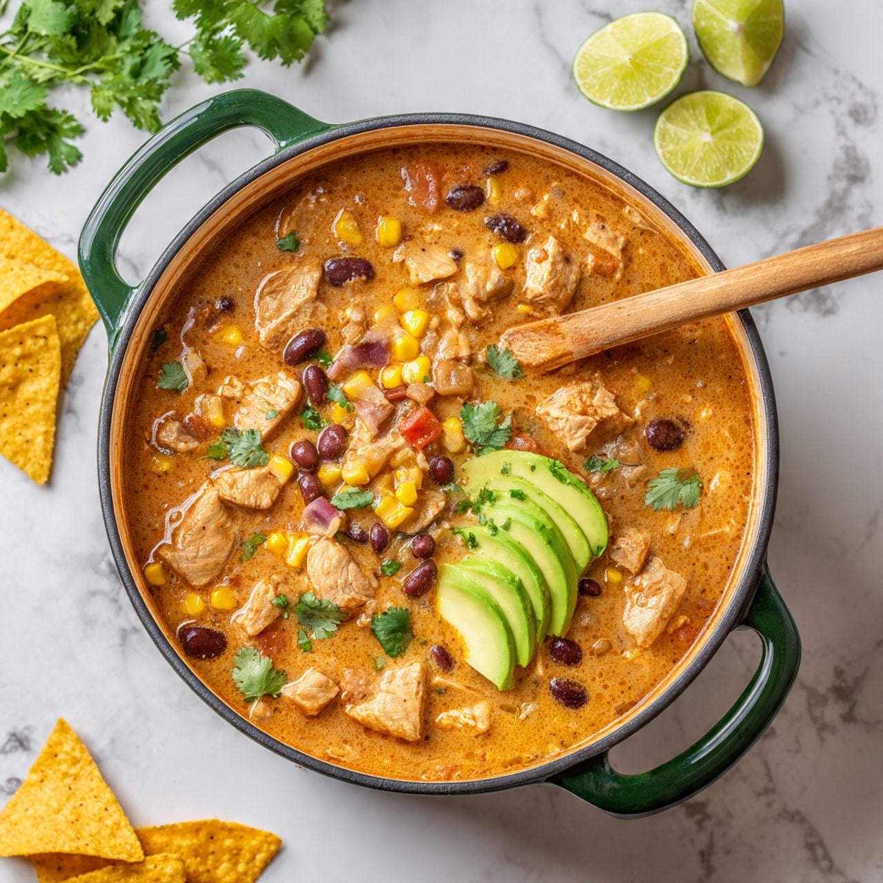 A green-handled pot filled with thick soup showing many layers: the base is an orange creamy broth with visible spices, mixed with chunky pieces of light brown chicken, bright yellow corn kernels, dark black beans, small diced white onions, and green bell pepper pieces; scattered red tomato bits add pops of color. On the right side, fresh green cilantro leaves and several thin slices of green avocado rest on top. A wooden spoon dips into the soup from the top right corner. Near the pot are tortilla chips and lime wedges on a white marbled surface. photo taken with an iphone --ar 4:5 --v 7