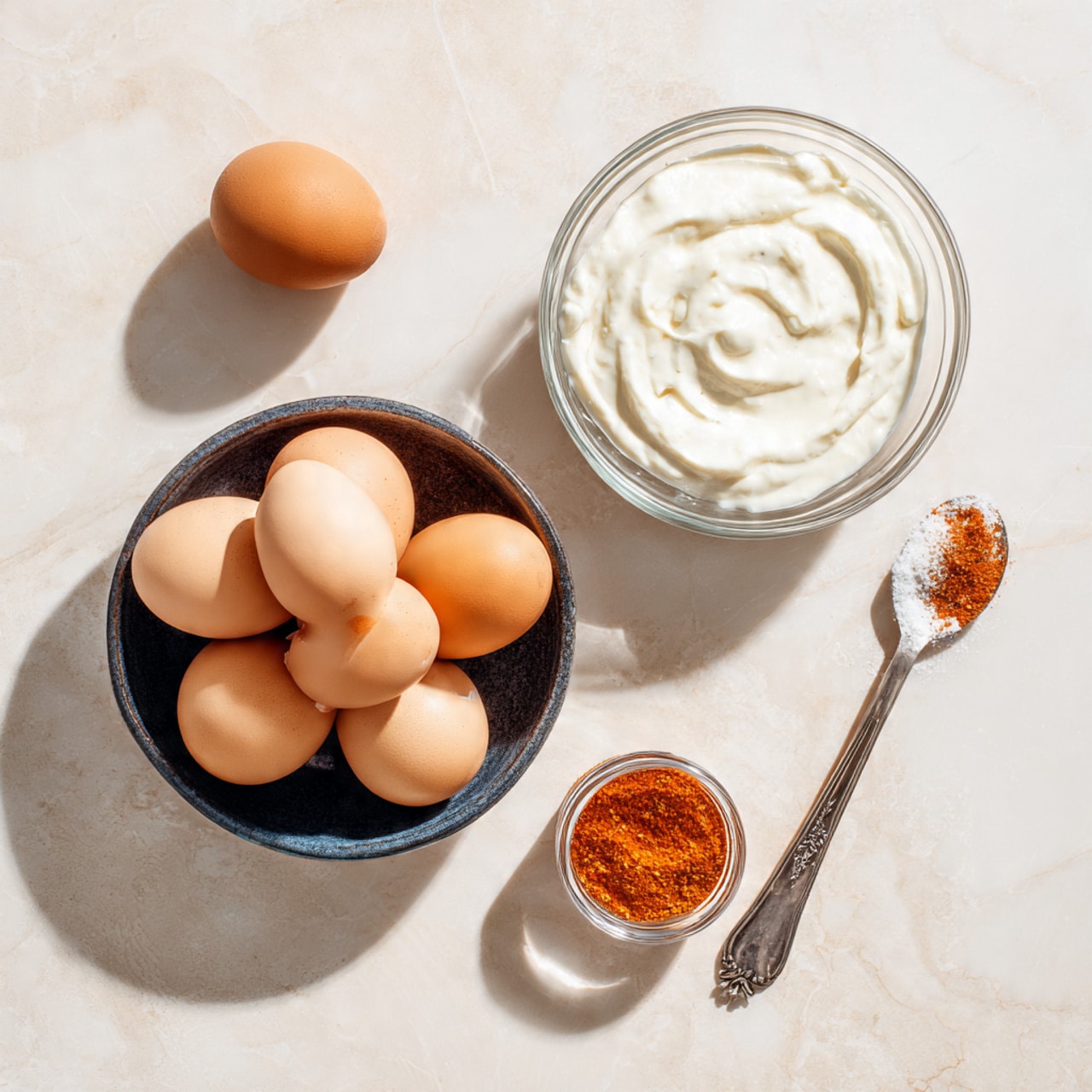 The image shows a dark bowl filled with eight smooth, light brown eggs, placed on a white marbled surface. One more egg is resting outside the bowl to the left. To the right of the bowl, there is a glass bowl full of thick, creamy white sauce with soft peaks. Below the glass bowl, there is a small clear container holding a fine, orange-red powder. A tarnished silver spoon with a bit of white powder on it lies next to the glass bowl, all lit by soft natural light with gentle shadows. Photo taken with an iphone --ar 4:5 --v 7