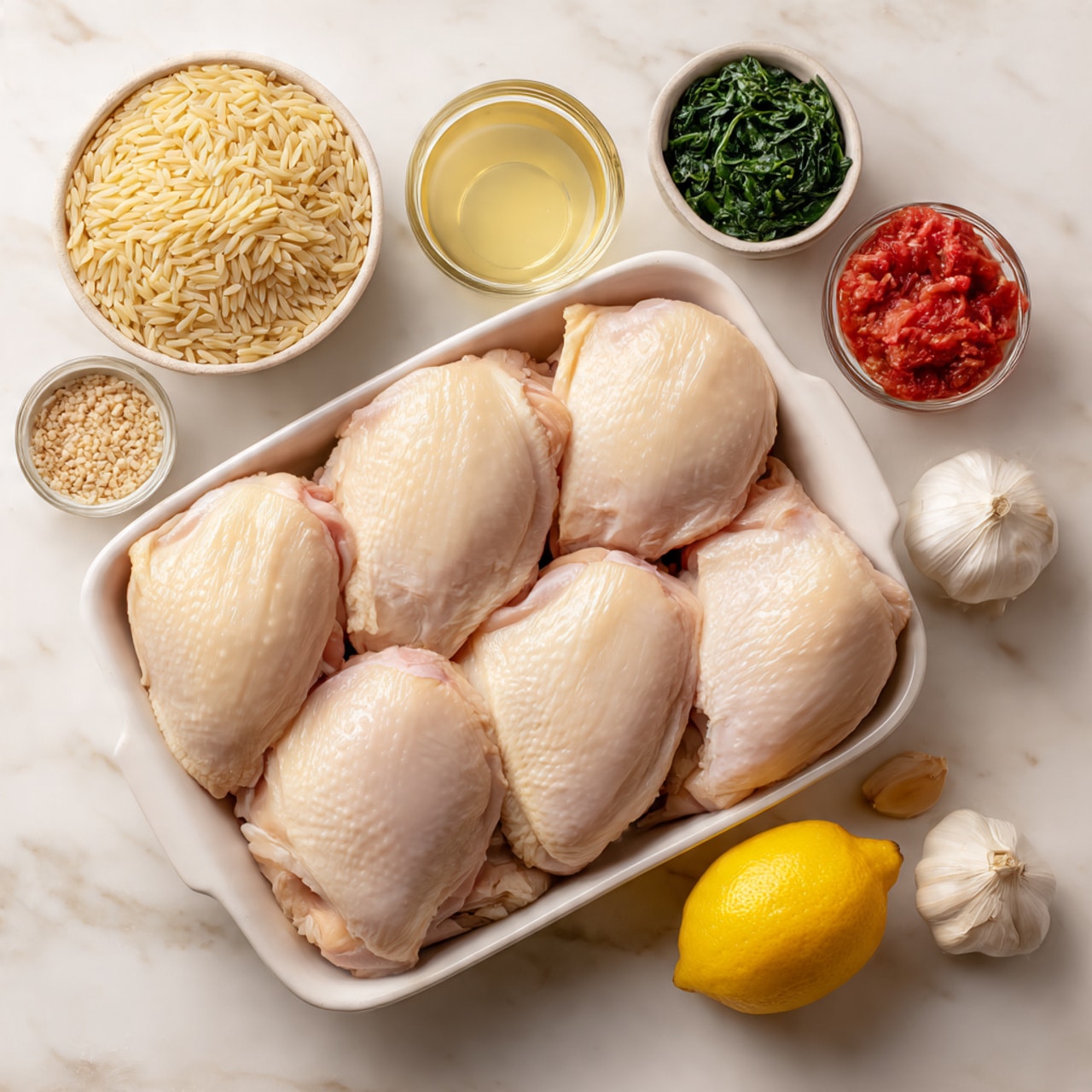 A white rectangular tray in the center holds five large pieces of raw chicken thighs, pale pink with some white fat. Around the tray are small white bowls and glass bowls arranged neatly on a white marbled surface. To the top right is a white bowl full of fresh, bright green spinach leaves. Below that, another white bowl contains dry, light brown orzo pasta. Next to it is a small white pitcher filled with golden-yellow broth. Near the bottom center are two small glass bowls, one with light yellow butter and the other with olive oil. To the left are two white bowls, one with finely chopped white onions and the other with grated pale cheese. At the very bottom left is a large bright yellow lemon. At the top left corner are four glass bowls filled respectively with minced garlic, pink salt, dark red dried tomatoes, and a mix of brown-red spices. The overall layout is clean and organized, with all items easy to see and framed by the bright marbled surface. Photo taken with an iphone --ar 4:5 --v 7