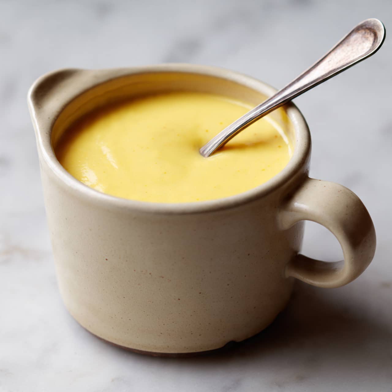 A pale yellow creamy sauce with a smooth texture fills a short, round, light beige cup with a small handle, about half full. A silver spoon rests inside the cup, its rounded bowl partially covered with the sauce. The cup sits on a white marbled surface with soft natural light highlighting the sauce's gentle shine and the cup's smooth matte finish. photo taken with an iphone --ar 4:5 --v 7