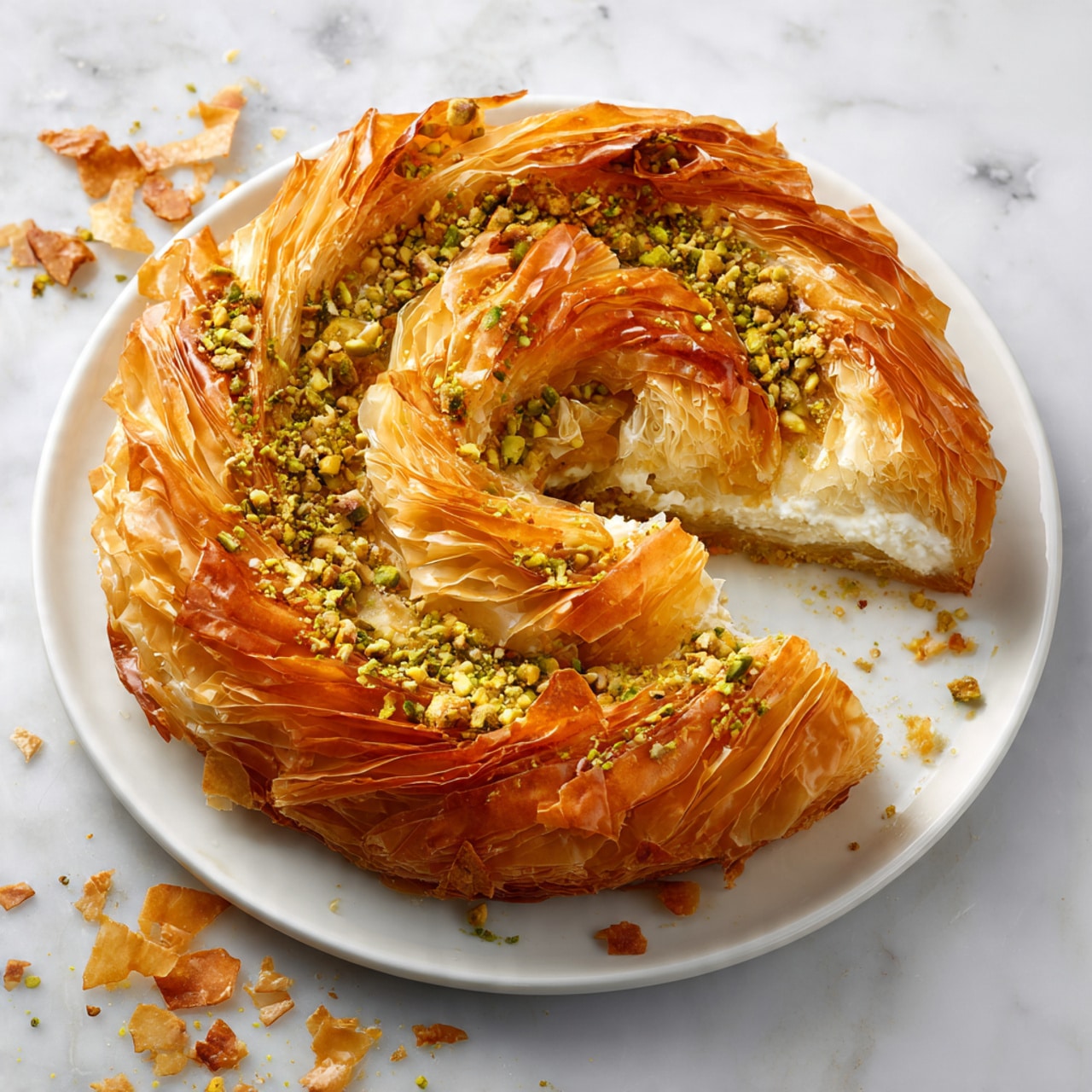 A slice of baklava dessert is placed on a plain white plate with a white marbled surface underneath. The baklava has many thin, flaky layers of golden-brown phyllo dough, each layer slightly crinkled and crispy. Inside the layers, there is a visible greenish filling made from crushed pistachios, adding a granular texture and bright contrast to the warm phyllo tones. The slice is triangular, with a fork resting above it on the plate. The lighting highlights the delicate crispiness of the pastry and the nutty bits inside. photo taken with an iphone --ar 4:5 --v 7