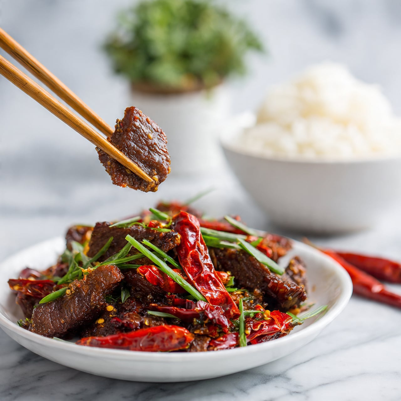 A close-up of a dish showing glossy, dark brown strips of cooked meat covered in a thick sauce, mixed with bright red dried chili peppers and fresh green onion pieces scattered throughout. The meat looks tender and slightly textured with small bits of garlic or spices visible on the surface. A piece of meat is held by wooden chopsticks above the white plate filled with the rest of the dish. In the background, there is a white bowl with rice and a blurred plant on a white marbled surface. photo taken with an iphone --ar 4:5 --v 7
