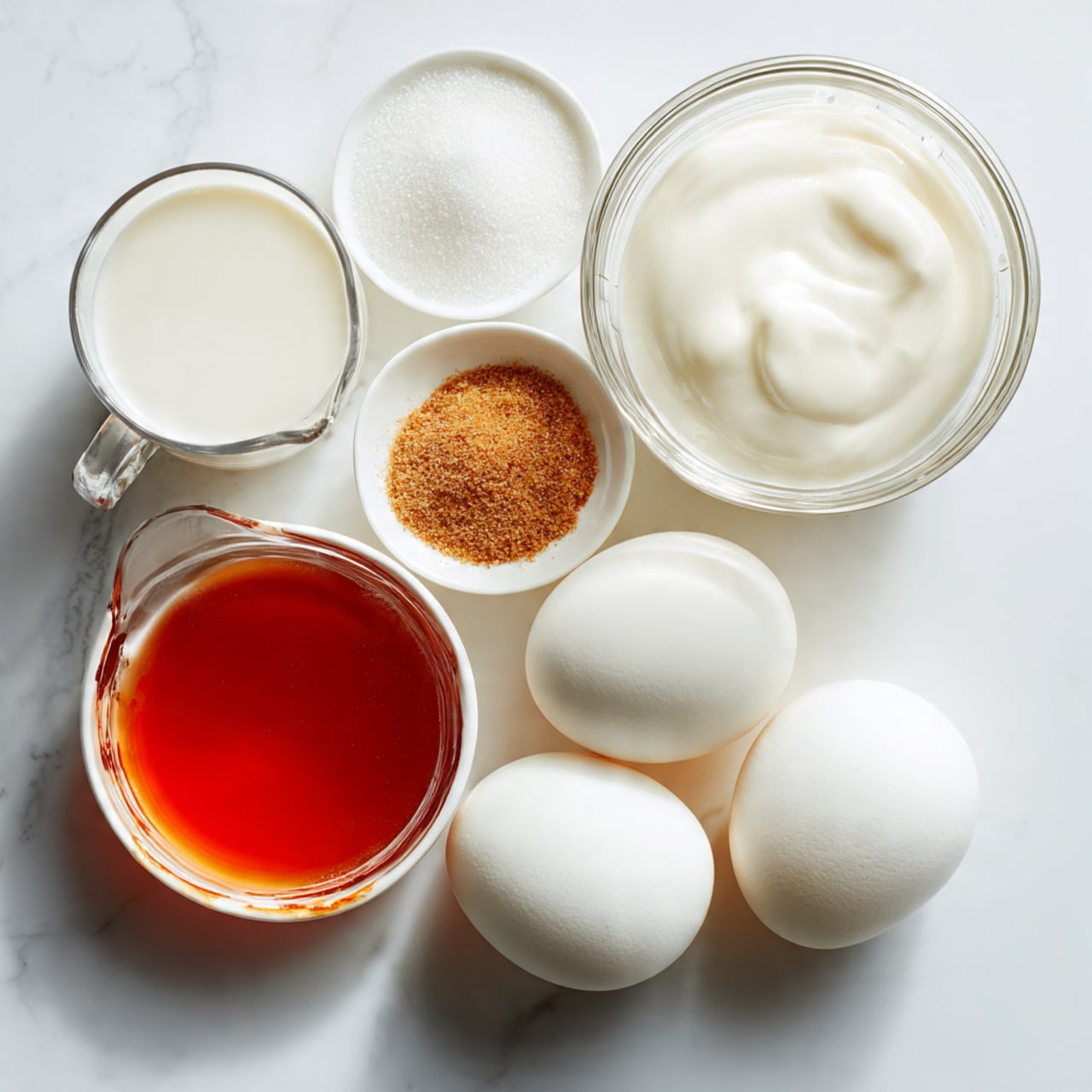 The image shows six ingredients on a white marbled surface: four smooth white eggs placed together on the bottom right, a small white bowl filled with dark brown Thai tea mix on the bottom left, a small white bowl filled with fine white sugar above the eggs, a glass measuring cup with white milk on the top left, and a larger glass measuring cup filled with thick white heavy whipping cream on the top right. All containers and ingredients are neatly arranged with clear labels nearby photo taken with an iphone --ar 4:5 --v 7