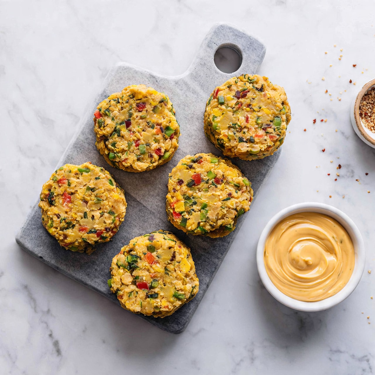 Six light brown round cookies with a rough, crumbly texture are placed in two rows on a small rectangular grey stone board with a handle on the right side. To the right of the board, there is a small white bowl containing a swirl of light yellow cream sitting in a pool of red-orange sauce. The background has a white marbled texture that adds a clean, elegant look to the setting. photo taken with an iphone --ar 4:5 --v 7