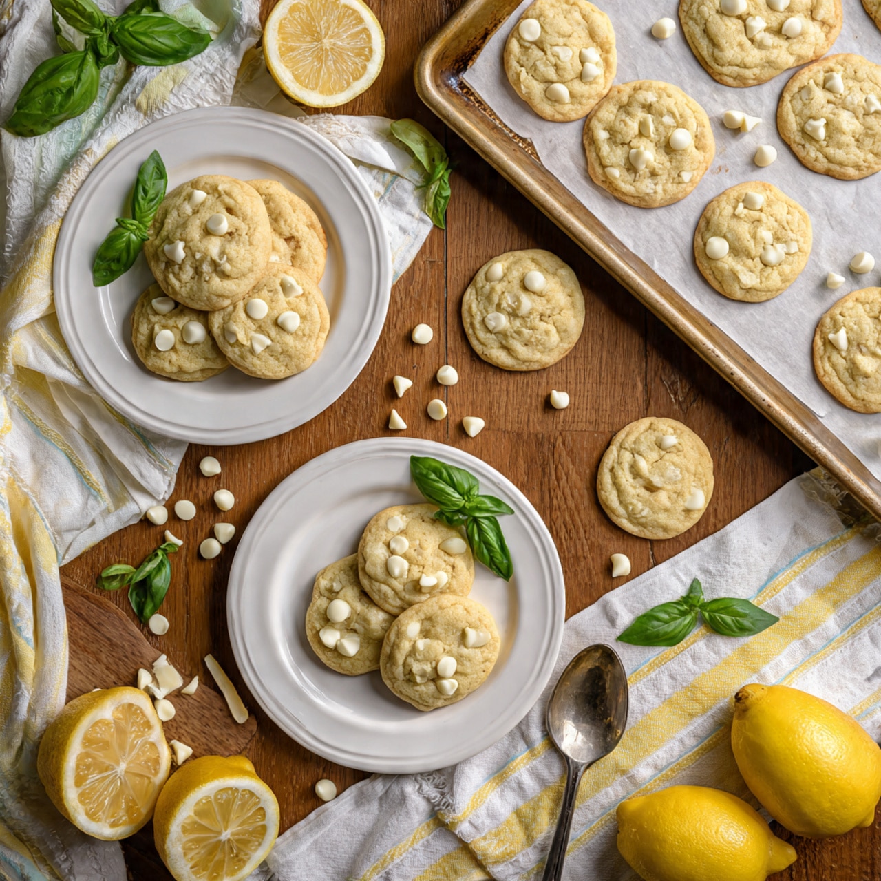 The image shows many round, light yellow cookies with white chocolate chips on top, placed on three white plates and a baking tray; some cookies are garnished with green basil leaves. The cookies have a soft texture with small cracks. The baking tray holds several cookies lined with parchment paper. Around the plates and tray, there are scattered white chocolate chips, green basil leaves, two halved lemons showing their juicy yellow inside, and a whole lemon. The setting is on a wooden table with a white and yellow cloth and a vintage silver spoon nearby. The photo taken with an iphone --ar 4:5 --v 7