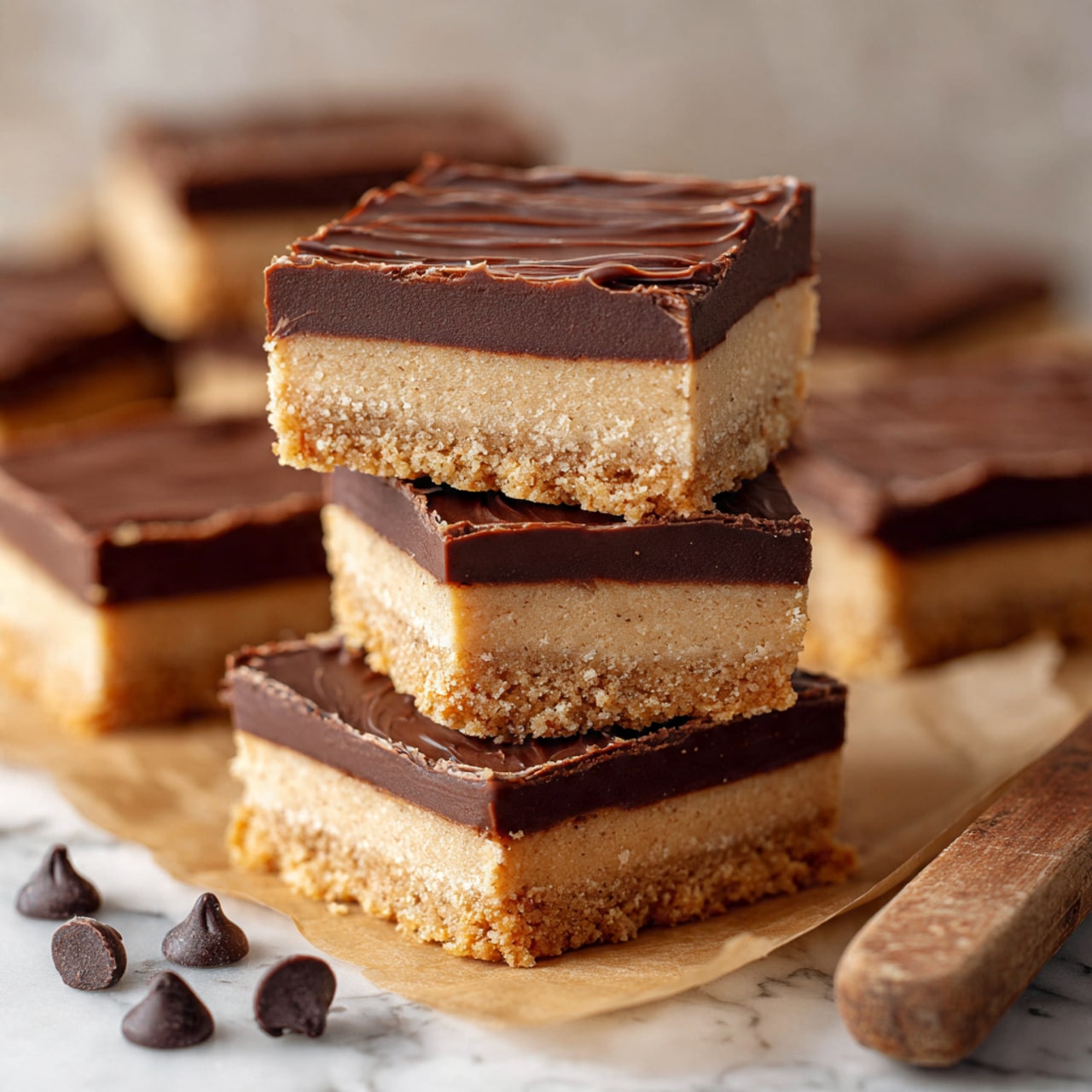 The image shows a stack of four square dessert bars on brown parchment paper, each with two layers: a thick, crumbly light tan base and a smooth, shiny dark brown chocolate layer on top. The chocolate layer has slight ridges and a glossy finish, while the base looks dense and textured. In the background, more of these bars are scattered, all sharing the same layered look. Some chocolate chips lie near the bottom of the stack on the parchment paper. The scene rests on a white marbled texture with parts of a wooden handle visible on the right side. Photo taken with an iphone --ar 4:5 --v 7