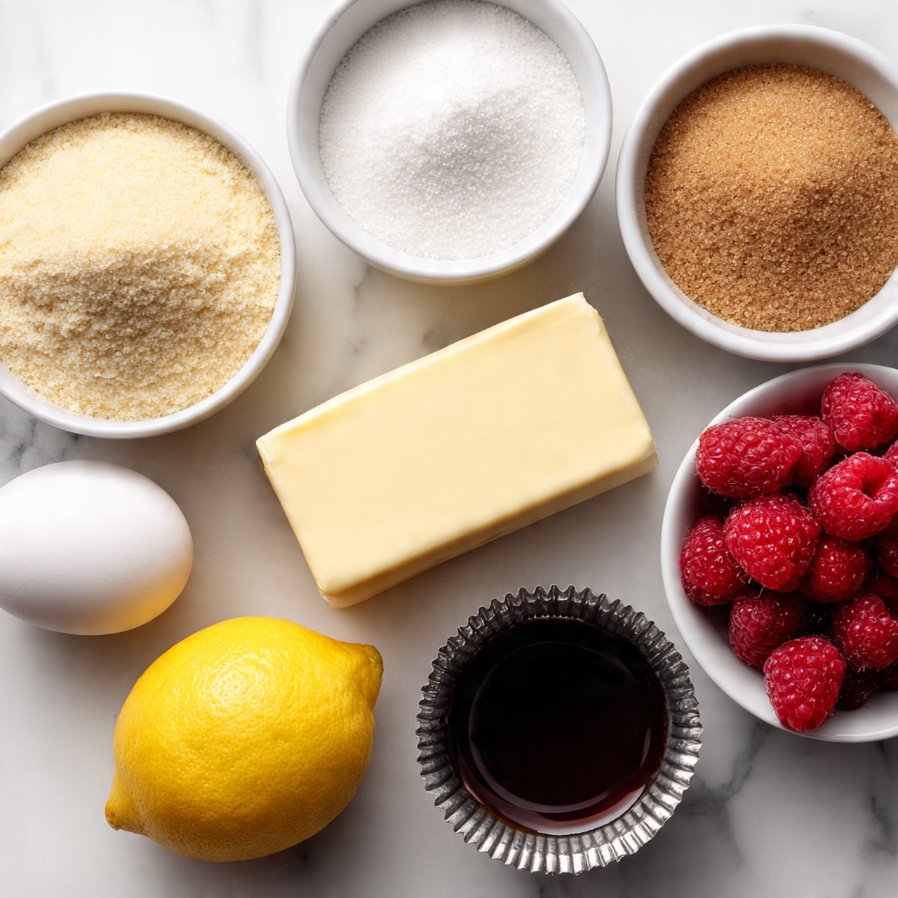 A white marbled surface holds various baking ingredients arranged neatly. In the top left, a white bowl is filled with a light beige powder mix labeled