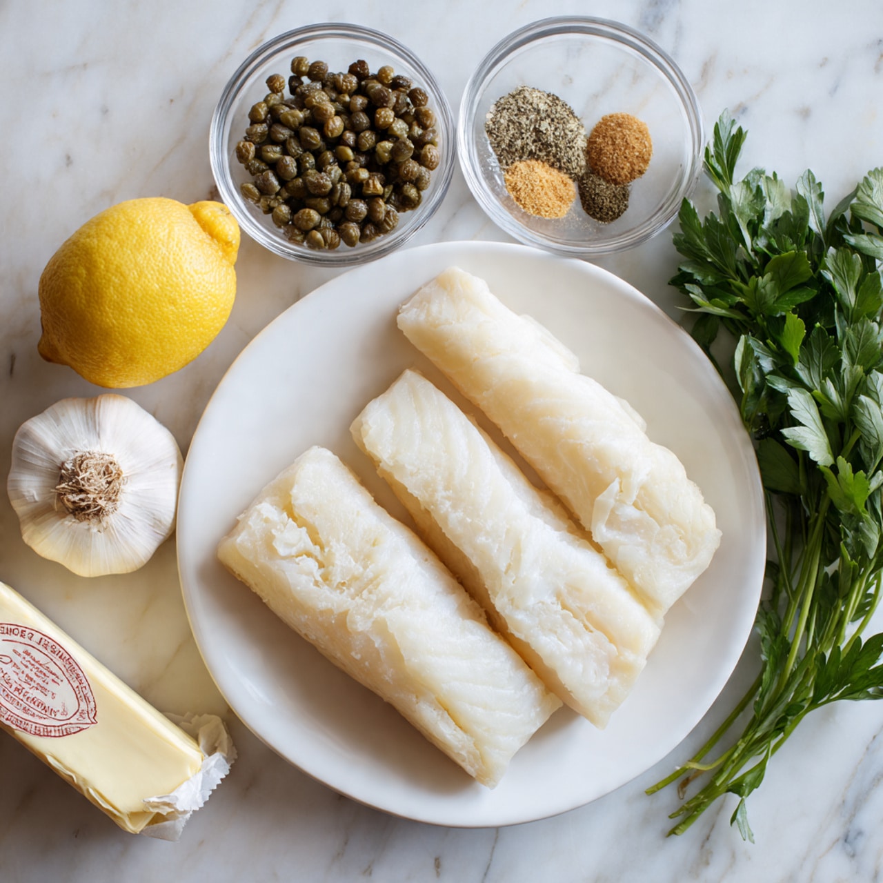 A white plate in the center holds three thick, pale cod fillets arranged side by side, showing their soft, smooth texture. Above the plate are three small clear bowls: the left bowl contains small greenish-brown capers, the middle bowl holds fresh green parsley leaves, and the right bowl has a mix of light brown spices. On the left side of the plate is a pale yellow lemon and a whole garlic bulb with white papery skin. Below the garlic is a stick of light yellow butter wrapped in paper with red text. All items sit on a white marbled surface. Photo taken with an iphone --ar 4:5 --v 7
