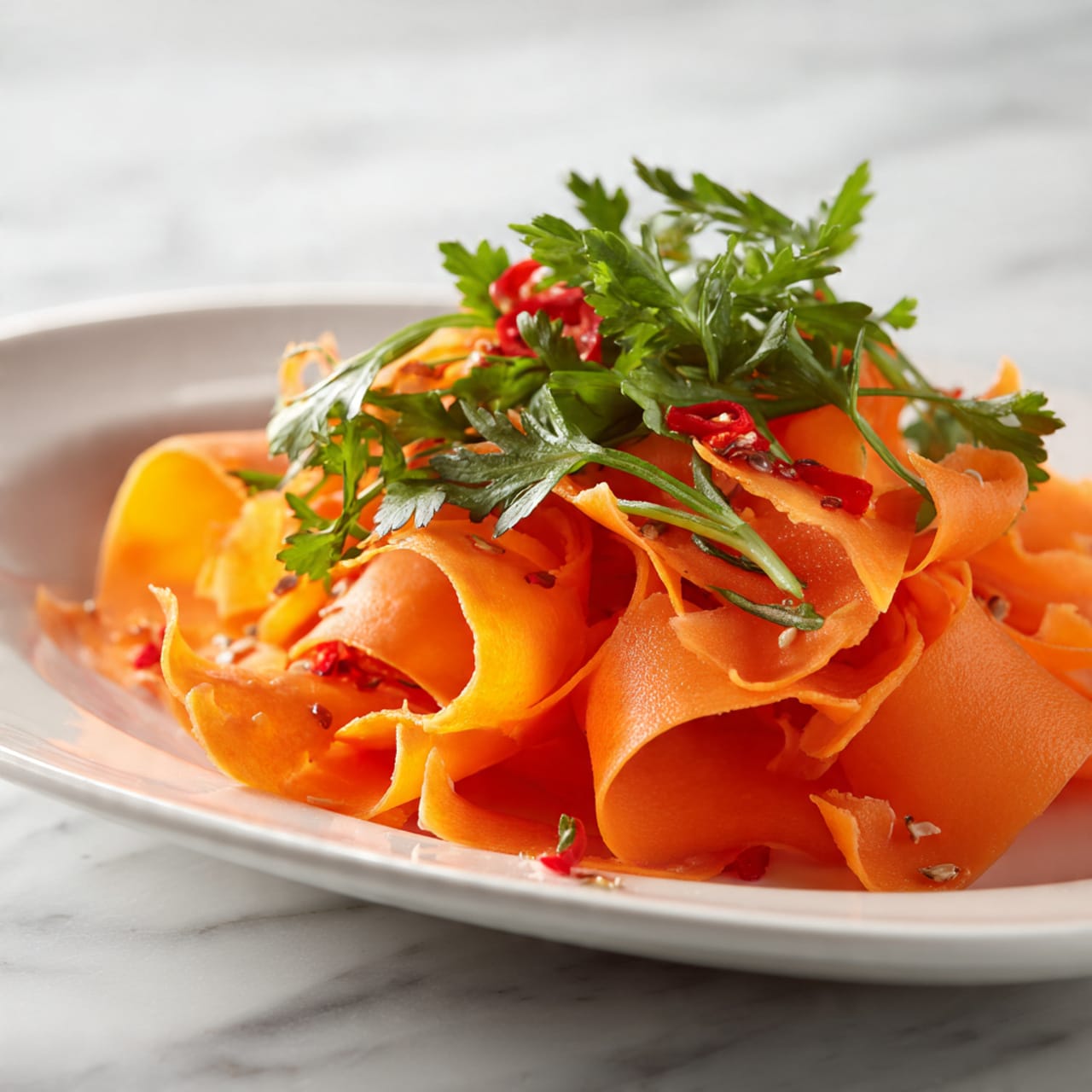 This image shows a white oval plate filled with thin, bright orange carrot ribbons. The carrot ribbons are curled and layered loosely, with scattered fresh green leaves and small red chili pieces on top. Tiny seeds are sprinkled over the carrots, adding texture. The plate sits on a white marbled surface, creating a clean and bright background. photo taken with an iphone --ar 4:5 --v 7