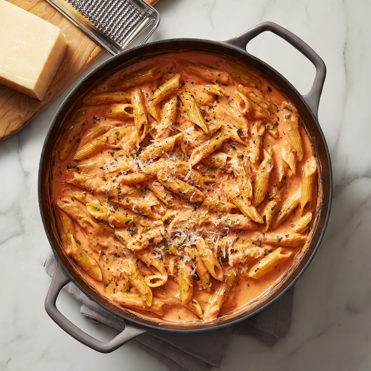 A black skillet with a gray handle holds creamy penne pasta covered in a smooth pink-orange sauce. The pasta is mixed well with the sauce, and some grated cheese is sprinkled on top, adding a light texture contrast. The skillet is placed on a white marbled surface, with a block of pale yellow cheese and a metal grater nearby. The overall look is warm and inviting, showing a rich creamy pasta dish in a single layer filling the skillet photo taken with an iphone --ar 4:5 --v 7