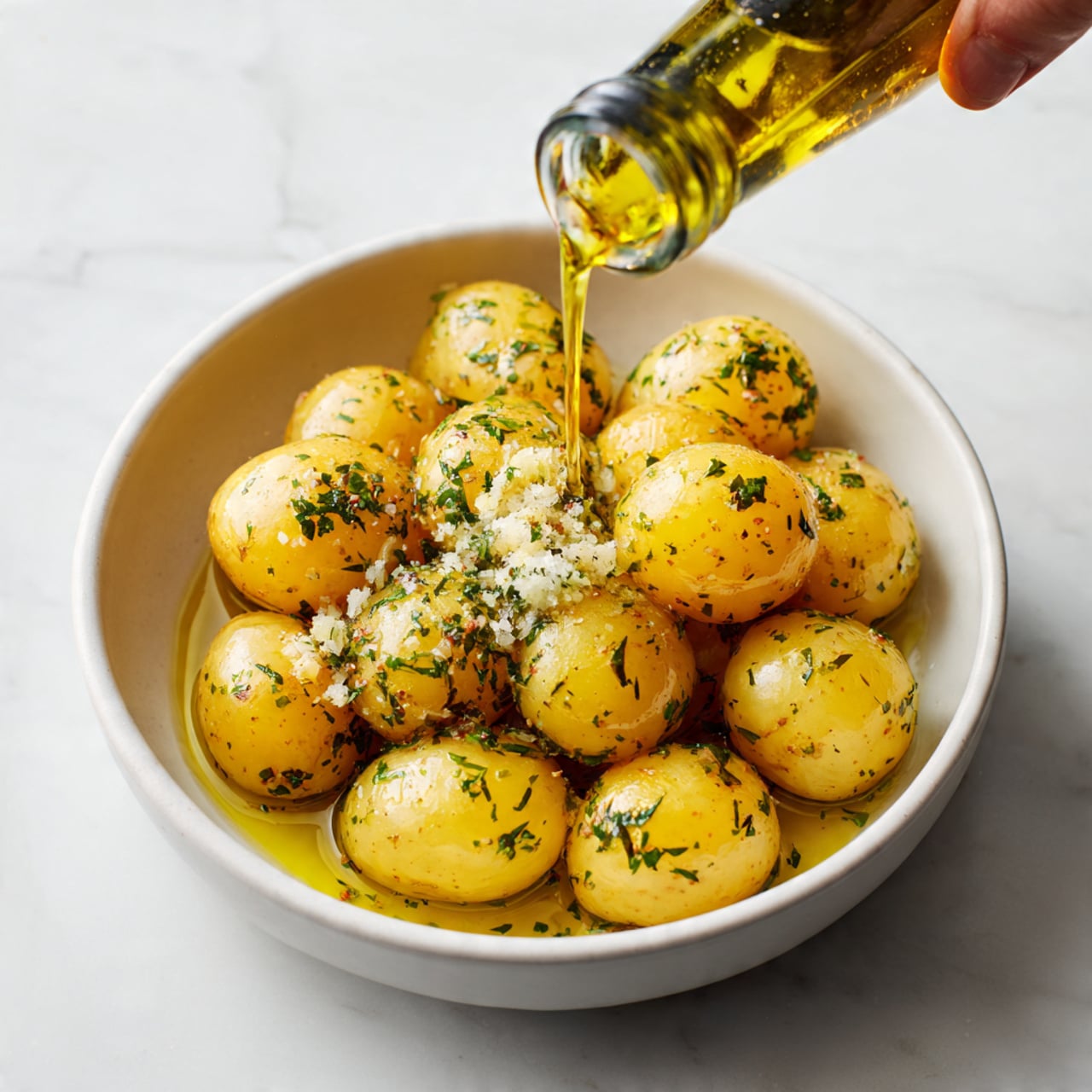 A white bowl on a white marbled surface contains about fifteen small yellow potatoes with a shiny texture from olive oil being poured over them. In the middle of the potatoes, there is a small pile of finely chopped garlic and sprinkled dark green herbs scattered around. The olive oil bottle is tilted above the bowl with a woman's hand pouring it. The background is clean and minimal. Photo taken with an iphone --ar 4:5 --v 7