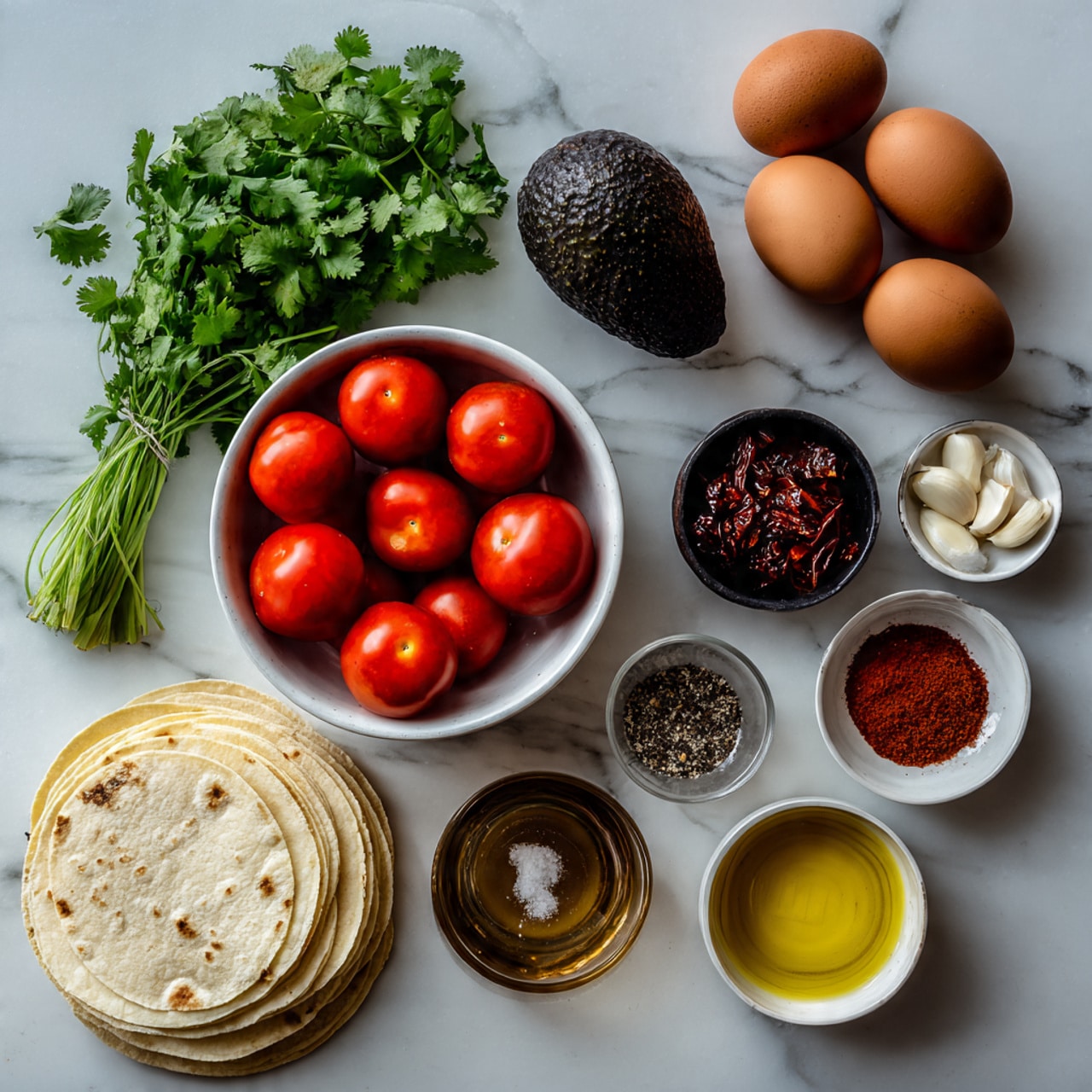 The image shows a white bowl filled with ten bright red tomatoes positioned near the center on a white marbled surface. To the left of the bowl, there is a bunch of fresh green cilantro with leafy textures, and near it is a dark green avocado with a rough skin next to a light brown onion with papery skin. Above the bowl, there are seven brown eggs arranged near each other in a loose group. To the right of the eggs, two peeled garlic cloves sit in a small dark bowl. Next to the garlic, a small white bowl is filled with dark red chipotle chilies, and beside it, another small white bowl holds reddish-brown chili powder. Below the tomatoes and cilantro, a neat stack of pale yellow corn tortillas with smooth flat surfaces lies on the white marbled table. To the right of the tortillas, a white bowl contains golden olive oil, and next to it is a clear glass container filled with black pepper and salt. The photo taken with an iphone --ar 4:5 --v 7