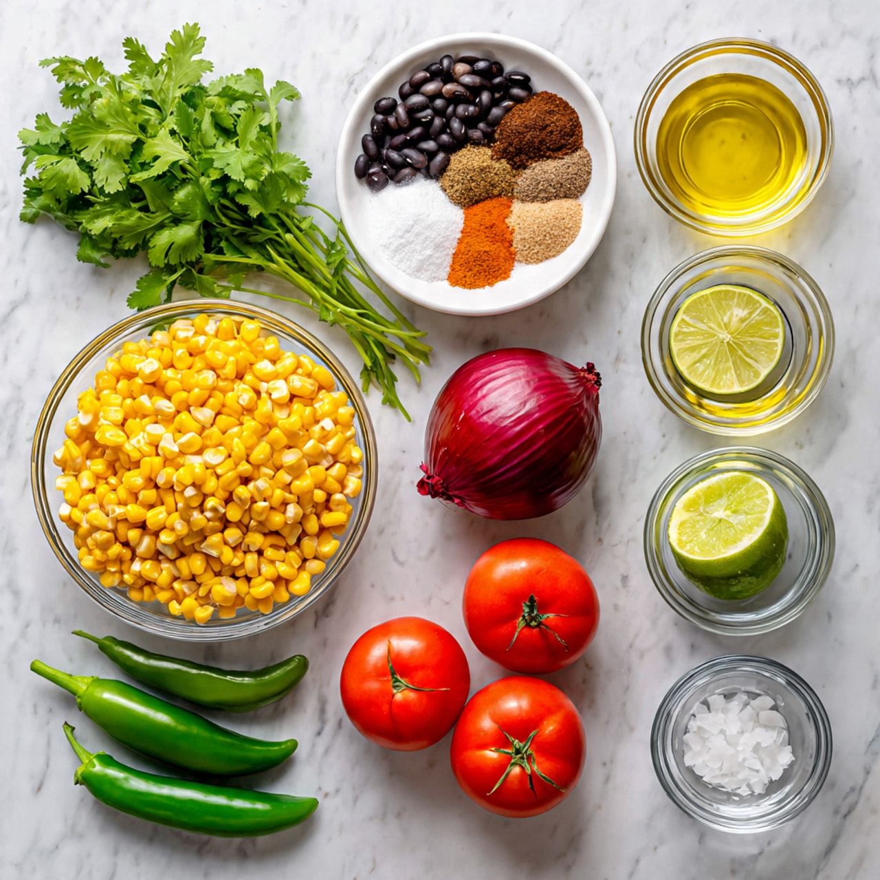 The image shows various fresh ingredients arranged neatly on a white marbled surface. In the center, there is a clear glass bowl filled with bright yellow corn kernels. Above this bowl is a white bowl containing four small piles of different spices in colors of orange, light brown, white, and black. To the right of the bowls, there is a whole red onion, four red Roma tomatoes, and two halves of a lime showing a light green inside. Two green chili peppers are placed below the lime. On the left side of the corn bowl, there is a bundle of fresh green cilantro leaves and a whole green bell pepper. At the bottom left are two cans of beans, one labeled black beans and the other labeled black-eyed peas. To the right of these cans, there are three small clear glass bowls filled with oil, salt, and water, arranged vertically. The overall scene is bright and clear, showing fresh and colorful ingredients photo taken with an iphone --ar 4:5 --v 7