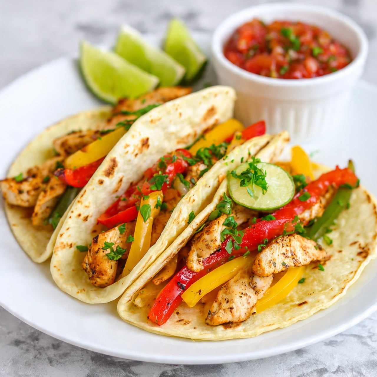 Two soft, light yellow tortillas with light brown spots lay open on a white plate, each filled with three layers: grilled light brown chicken pieces on top, bright green and yellow cooked bell peppers mixed with slices of red pepper in the middle, and fresh salsa made of red tomatoes and finely chopped white and green onions scattered on top. A small light green lime wedge sits on the chicken of the front taco. In the upper right corner, a small white bowl of salsa and two lime wedges sit on a white marbled surface. Photo taken with an iphone --ar 4:5 --v 7