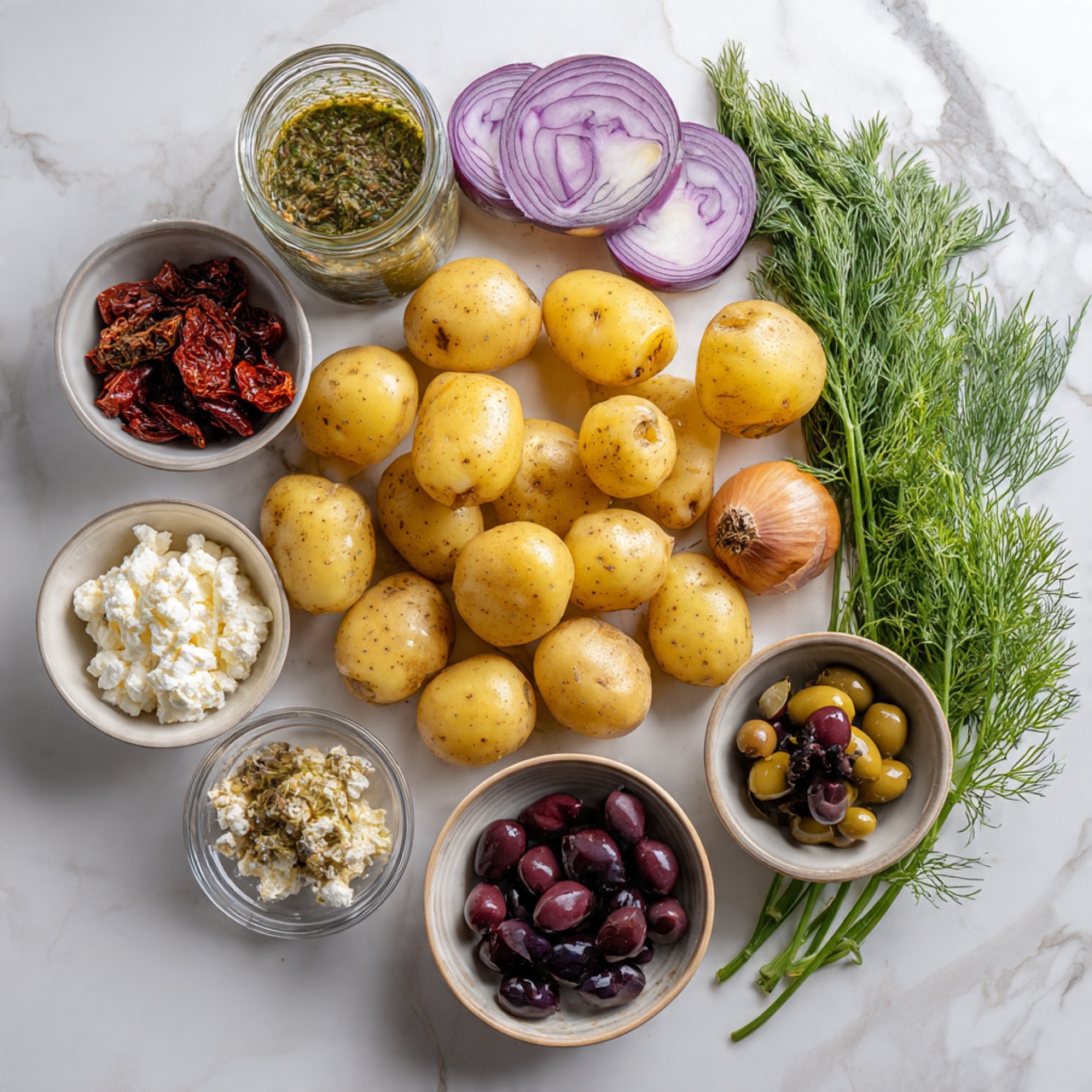 The image shows many small yellow potatoes spread out on a white marbled surface, surrounded by fresh green dill sprigs mainly on the right side. A section of thinly sliced purple onion lies near the center, with a quarter of a whole purple onion placed next to it. Bowls are arranged around the potatoes, one with deep red sun-dried tomatoes at the bottom center, another with dark purple olives to the upper right, a small bowl of capers to the left, and a bowl of white cottage cheese at the bottom left. At the top center, there is a clear jar filled with a herbs and oil dressing. photo taken with an iphone --ar 4:5 --v 7
