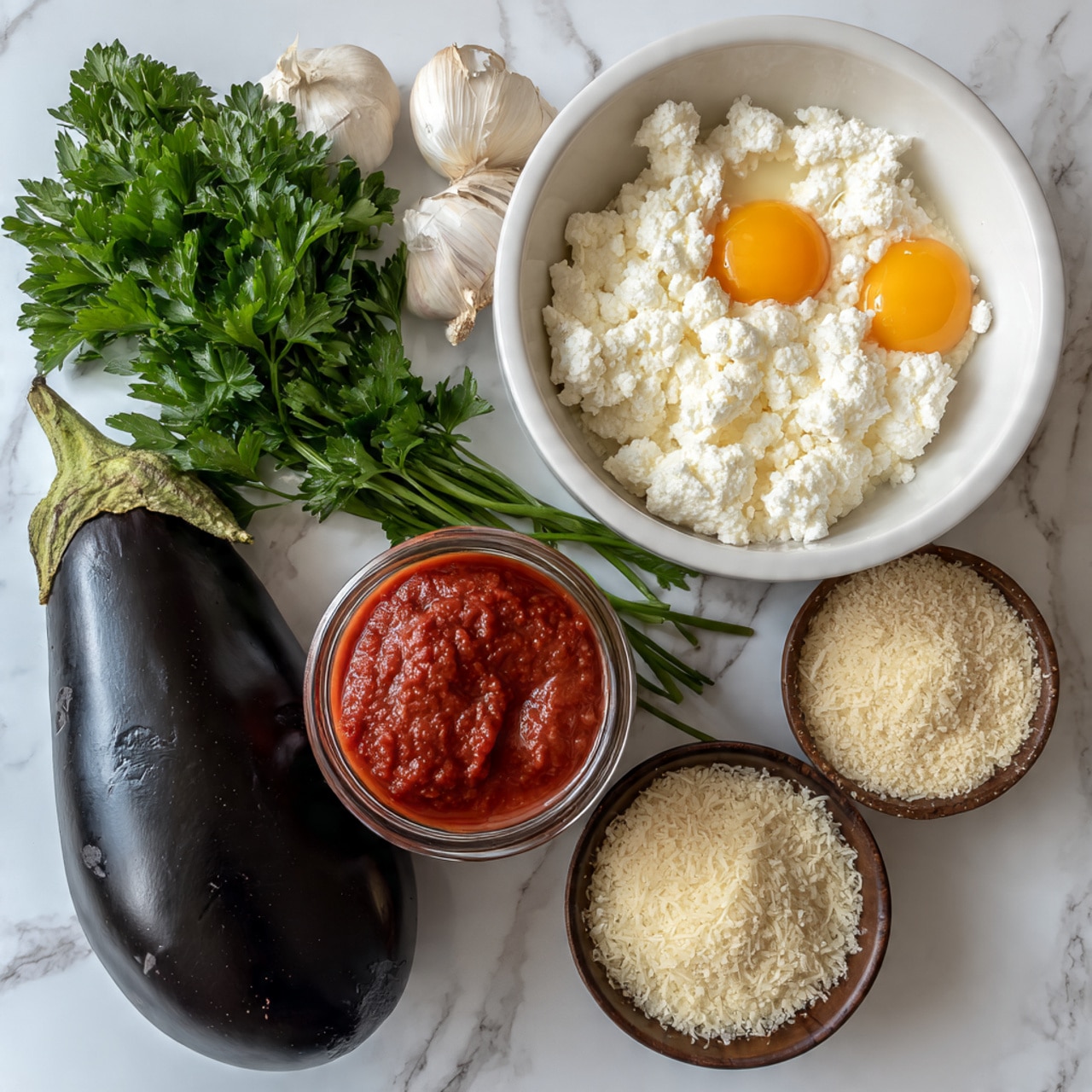 A white bowl with two raw eggs showing bright orange yolks sits on a white marbled surface near three garlic cloves. Next to it, a small brown bowl is filled with white ricotta cheese, and nearby is a bunch of fresh green parsley. A clear jar holds vibrant red marinara sauce. Below these, a dark shiny eggplant rests on the white marbled surface beside a small black bowl filled with finely grated white parmesan cheese and a small brown bowl with light beige breadcrumbs. The ingredients are neatly arranged with clear labels. Photo taken with an iphone --ar 4:5 --v 7