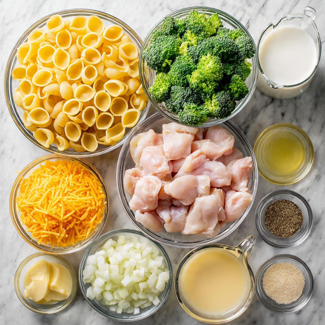 The image shows a top view of ingredients neatly placed on a white marbled surface. There are seven clear glass bowls filled with different ingredients arranged in a slightly spread out formation. The largest bowl on the top left contains yellow pasta shells, next to it on the right is a bowl filled with fresh green broccoli florets. Below the pasta is a bowl of shredded bright orange cheese, and next to it in the center is a bowl with raw pink chicken pieces. Near the middle right side, there's a small bowl filled with chopped white onions. To the far right, a clear measuring cup holds white milk, and below it is a similar cup filled with light brown chicken broth. The rest of the ingredients are smaller glass dishes with pale yellow garlic, light golden olive oil, white salt, black pepper, and light brown nutmeg powder arranged vertically on the far right side. Everything is well lit, showing clear details of each ingredient. Photo taken with an iphone --ar 4:5 --v 7