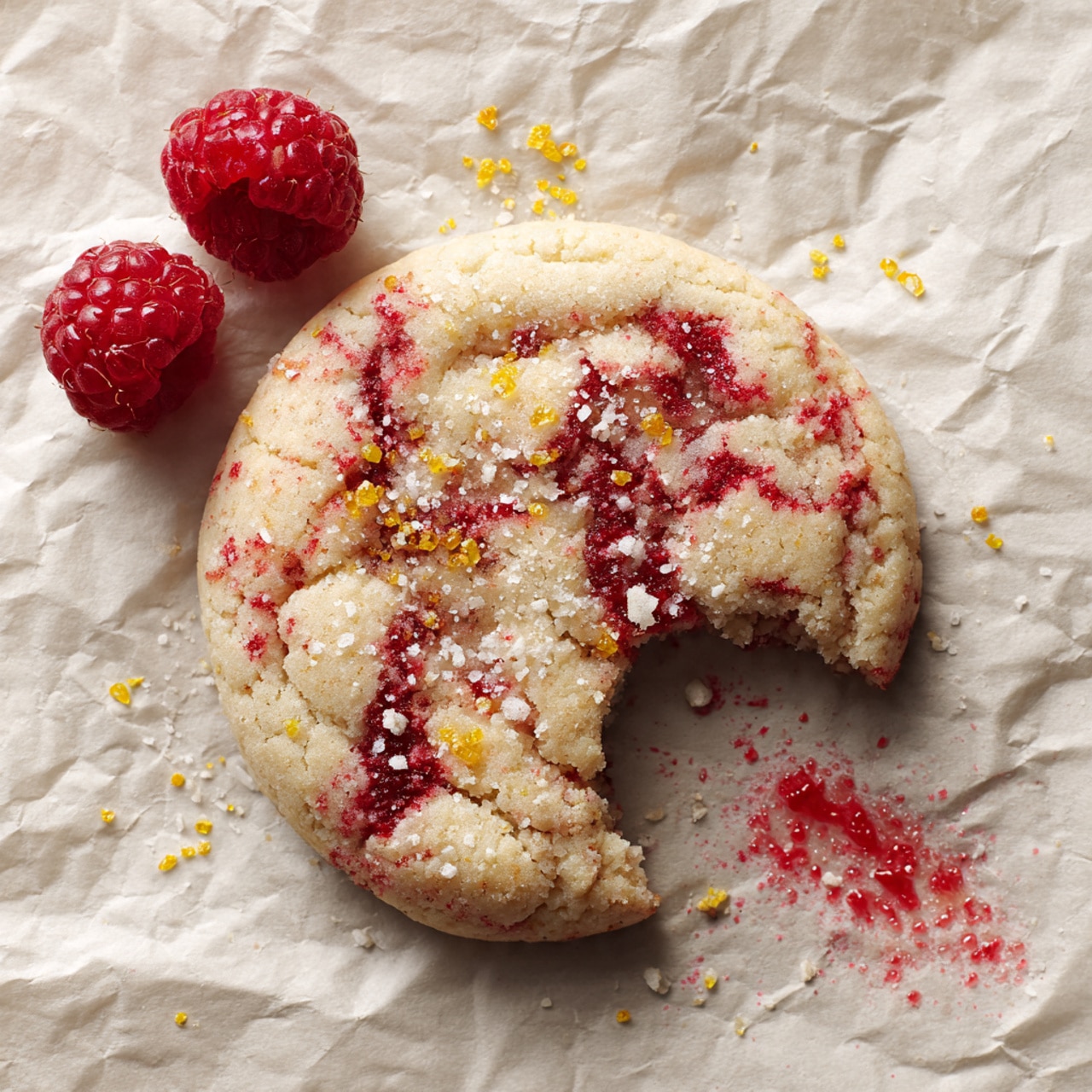 A single round cookie with a bite taken out sits on crumpled white parchment paper over a white marbled surface. The cookie is light beige with swirls and patches of deep red raspberry, showing a soft and slightly textured dough mixed with crushed berry bits. Sprinkled atop the cookie are coarse sugar crystals and small yellow flakes that add contrast and sparkle. Around the cookie on the parchment are two fresh raspberries, bright red with visible texture, and a small red berry smear near the lower raspberry. The overall look is fresh and homemade with a gentle, natural color palette. Photo taken with an iphone --ar 4:5 --v 7