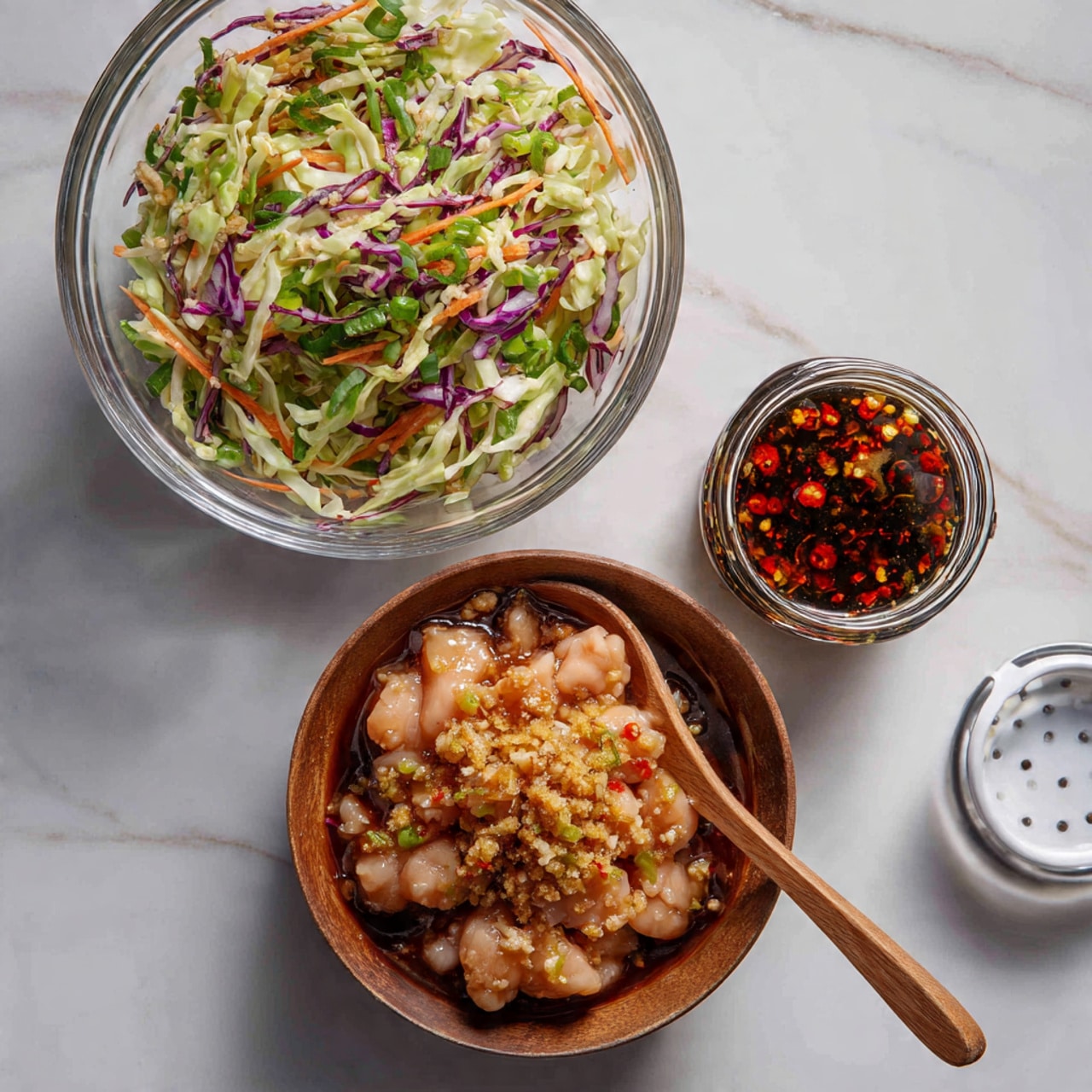 The image shows two clear glass bowls on a white marbled surface. The top bowl contains shredded cabbage with green scallions, thin carrot strips, and some purple cabbage mixed in. The bottom bowl has pieces of pale pink raw chicken sitting in a dark soy-based sauce, topped with a heap of minced garlic and ginger. A wooden spoon rests inside the bottom bowl. To the right of the bowls, there is a small glass jar filled with a dark sauce with some bright red chili flakes floating on top and its white lid placed beside it. photo taken with an iphone --ar 4:5 --v 7