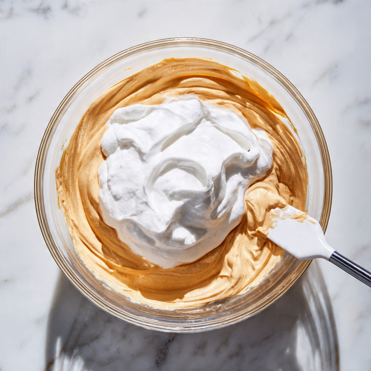 A clear glass bowl sits on a white marbled surface, containing two layers of soft cream. The bottom layer is thick and light brown with smooth swirls that form a textured pattern. On top, there is a dollop of white whipped cream with soft peaks. A white spatula with a black handle rests in the bowl on the right side, partly covered in the light brown cream. Bright natural light creates a sharp shadow on the marble surface from the bowl and spatula. Photo taken with an iphone --ar 4:5 --v 7