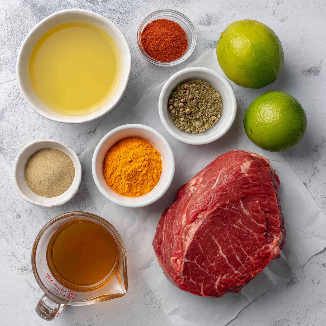 A large piece of raw red meat with visible fat lines lies flat on a sheet of white paper in the lower right part of the image. Above the meat, two green limes are placed side by side on a white marbled surface. To the upper left, a white bowl holds a light yellow liquid, next to another white bowl containing various colored spices including red, green, and beige. Below those, a small white bowl is filled with a bright orange minced or grated substance. A partially visible jar with a yellow label is in the bottom left corner near a clear measuring cup containing a brown liquid, all arranged neatly on the white marbled background. photo taken with an iphone --ar 4:5 --v 7
