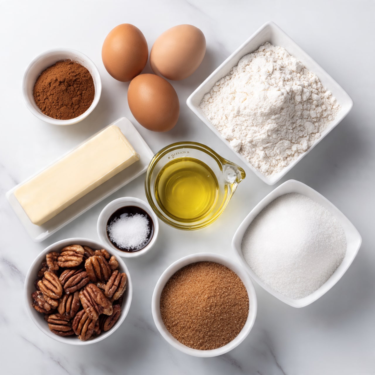 The image shows a top view of various ingredients laid out on a white marbled surface. There are four brown eggs grouped together near the center left, with a stick of butter placed next to them horizontally. Above the butter is a white square bowl filled with white flour. To the left of the eggs is a small white round bowl containing brown cinnamon powder. Below the cinnamon is a glass measuring cup filled with a light yellow oil. Near the center, a small white bowl holds white salt, and slightly below it, a small white bowl contains dark vanilla liquid. To the right of the vanilla is a round white bowl filled with light brown packed brown sugar. At the bottom left, a white square bowl is full of pecans, and next to it on the right is a round white bowl filled with white granulated sugar. All items are neatly arranged and clearly visible. Photo taken with an iphone --ar 4:5 --v 7