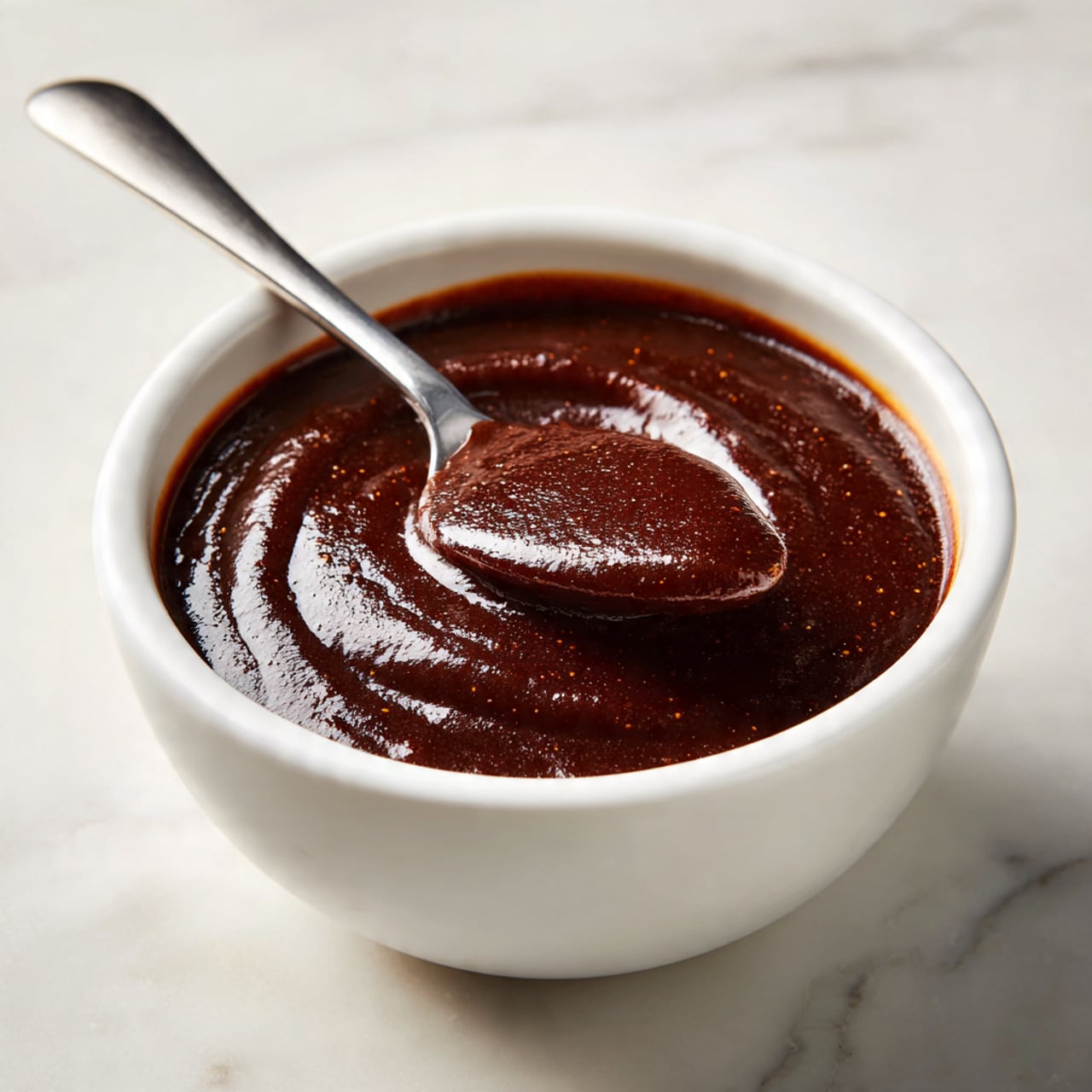 A white bowl filled with a thick, dark brown sauce that has a smooth, shiny surface. A silver spoon rests in the bowl, partially submerged, scooping some of the sauce. The bowl is placed on a white marbled surface, and the sauce’s rich texture reflects light, showing subtle specks within its glossy layer. photo taken with an iphone --ar 4:5 --v 7