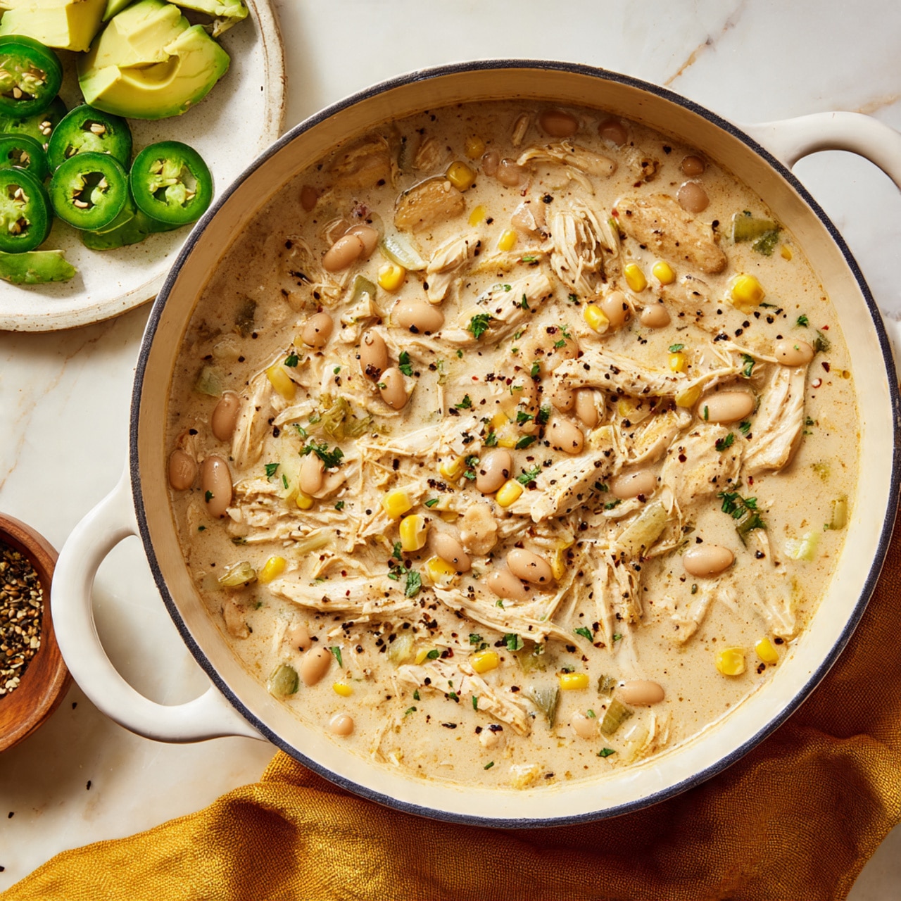 A large white pot filled with creamy chicken soup that has a light beige broth mixed with shredded light yellow chicken pieces, small white beans, golden corn kernels, and bits of green herbs and vegetables. The soup surface is sprinkled with black pepper, giving it small dark specks. To the side, there is a white plate with sliced light green jalapenos and cubed light green avocado on a white marbled surface. A mustard yellow cloth is partially visible under the pot. photo taken with an iphone --ar 4:5 --v 7