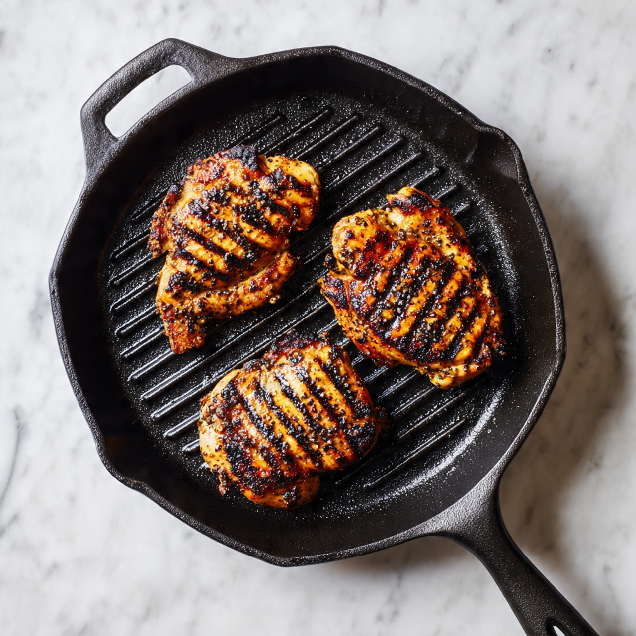 In the image, there are three grilled chicken pieces on a black cast iron grill pan with visible raised ridges. The chicken pieces are golden brown with dark grill marks in a striped pattern across each piece, showing a slightly charred, textured surface. The pan handle is at the top center of the image, and the whole setup sits on a white marbled textured surface. The chicken pieces are arranged in a way that two are near the top close together, and one is placed near the bottom center of the pan photo taken with an iphone --ar 4:5 --v 7