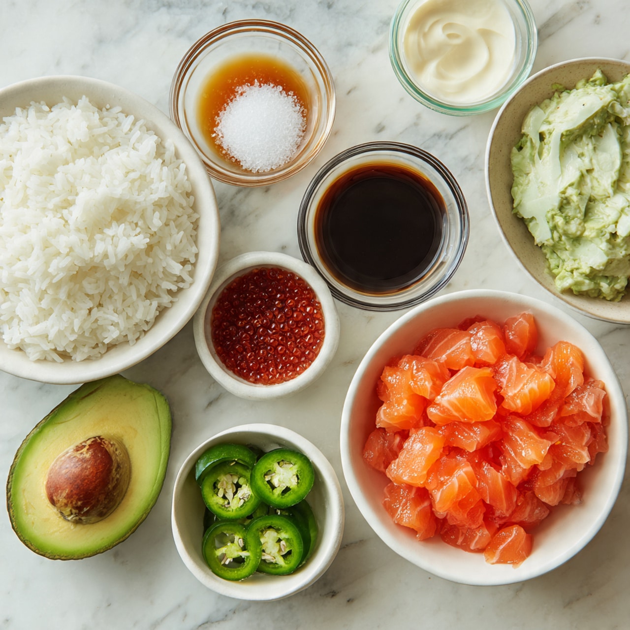 A white bowl filled with small orange pieces of raw salmon sits near the center on a white marbled surface, next to another white bowl full of white rice with fluffy texture. Around the bowls, there are small clear glass containers holding ingredients including a dark brown sauce, red sauce, white salts, and light yellow oil. One halved avocado with dark green skin and light green inside rests on the surface. A small white cup holds a pale creamy sauce, and a small bowl with a greyish tone holds three green slices of jalapeño peppers. Photo taken with an iphone --ar 4:5 --v 7