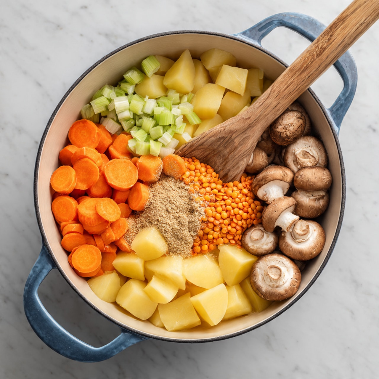 A white pot with blue handles sits on a white marbled surface, filled with layers of raw ingredients. At the bottom are round slices of bright orange carrots, chunky pieces of yellow potato scattered on top, and chopped celery adding green color near the edges. There are whole and sliced brown mushrooms placed on one side and a pile of small orange lentils sitting in the middle. A light brown powder is sprinkled over the lentils. A wooden spoon with a natural wood texture rests on top of the ingredients inside the pot. photo taken with an iphone --ar 4:5 --v 7