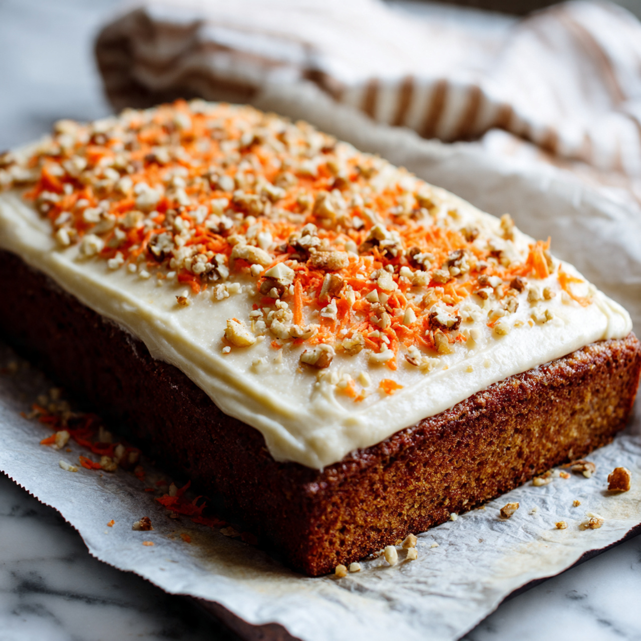A rectangular carrot cake with a dark orange-brown texture is shown on crinkled white parchment paper. It has one thick layer topped with smooth white frosting that fully covers the cake's top surface. The frosting is sprinkled with bright orange shredded carrot pieces and small bits of light brown chopped nuts unevenly spread on top and around the cake on the parchment. The background has a white marbled texture and a soft, beige-striped cloth partially covering the top left corner. photo taken with an iphone --ar 4:5 --v 7