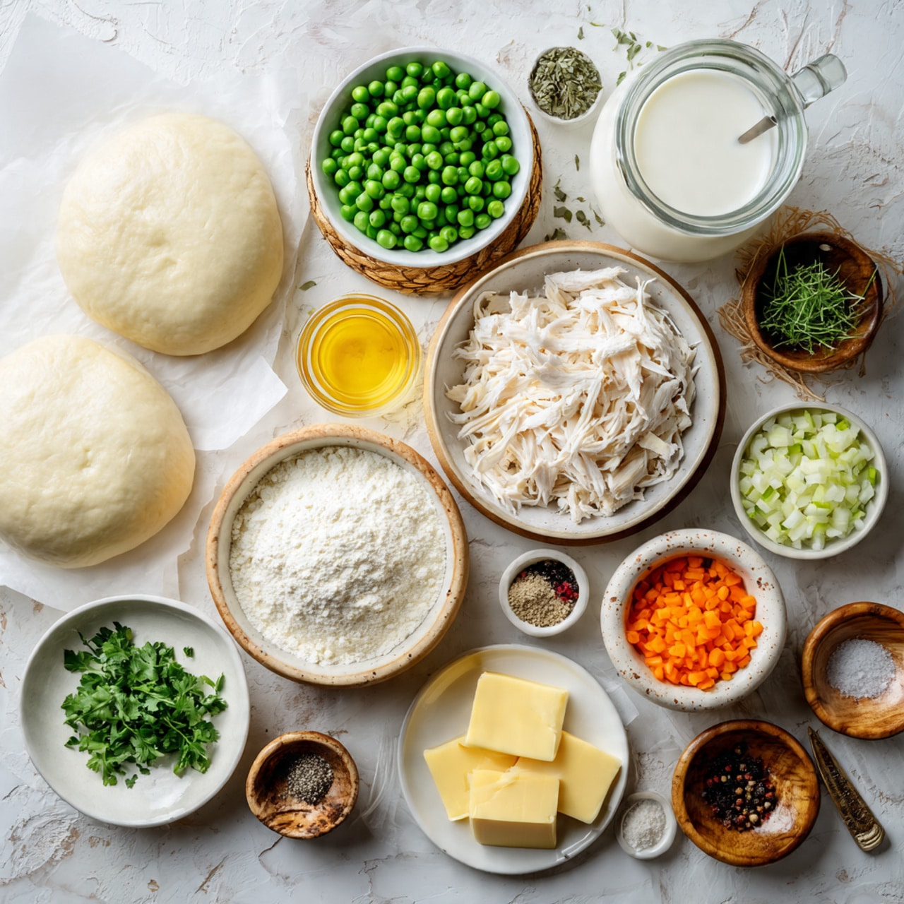 The image shows various ingredients placed neatly on a white marbled surface. There are two dough rounds on white paper on the left side. Next to them is a white bowl filled with green peas, above which is a glass container of milk and a glass jar of broth on a small wooden coaster. Below the peas is a small glass with a beaten yellow mixture. In the center sits a beige bowl filled with shredded white chicken. Surrounding it are small bowls with finely chopped garlic, fresh green herbs, white flour, two yellow pats of butter on a white plate, chopped green celery, chopped white onions, chopped orange carrots, black pepper in a tiny white bowl, and salt along with ground pepper in wooden and stone small bowls. All items are arranged in an organized pattern. photo taken with an iphone --ar 4:5 --v 7