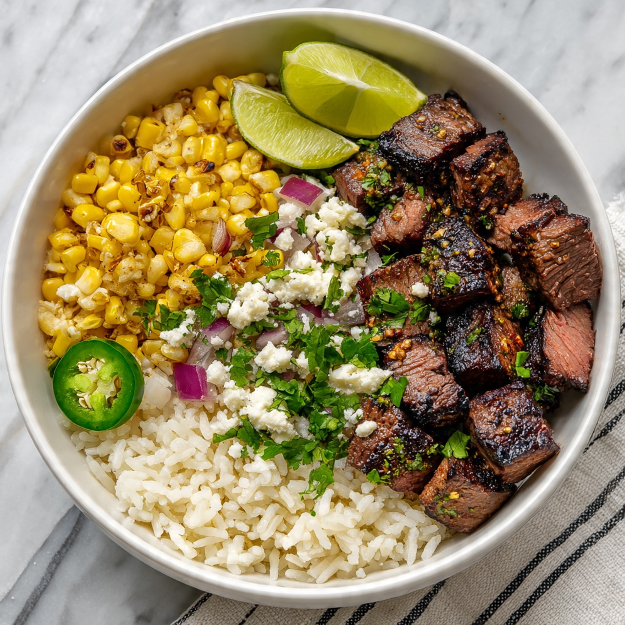 Grilled Steak Rice Bowls with Mexican Street Corn Salad Recipe