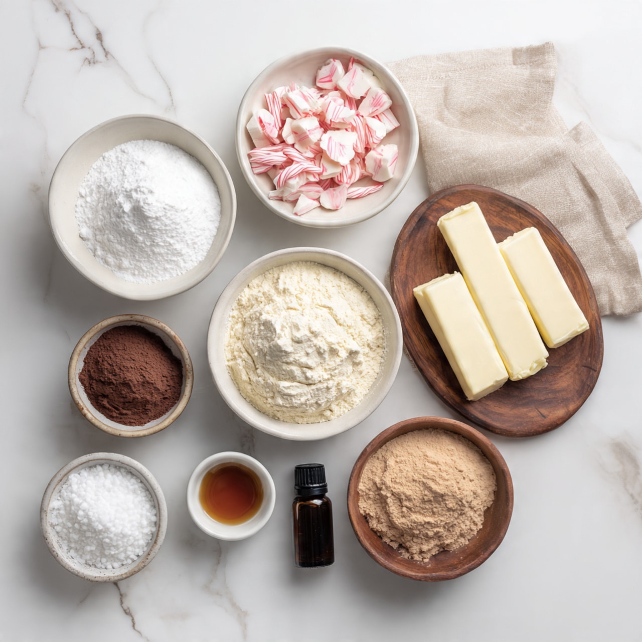 Top view shows eight white bowls and one small wooden dish arranged on a white marbled surface. The largest bowl at the top left is filled with white powdered sugar, next to it on the right is a smaller white bowl with broken pieces of pink and white crushed candy canes. Below, there is a white bowl filled with light beige flour in the center. To the right of the flour, three pale yellow softened butter sticks rest side by side. On the bottom left, there is a white bowl with fine white sugar. Near the center bottom, a tiny white bowl holds brown vanilla extract. Next to it on the right is a small dark bottle labeled peppermint extract. To the left of the vanilla, a white bowl is filled with dark brown cocoa powder. In the bottom right corner, a white bowl contains light brown soft brown sugar. At the center, a small round wooden dish holds two white piles of baking agents. A beige cloth rests in the top right corner. Photo taken with an iphone --ar 4:5 --v 7