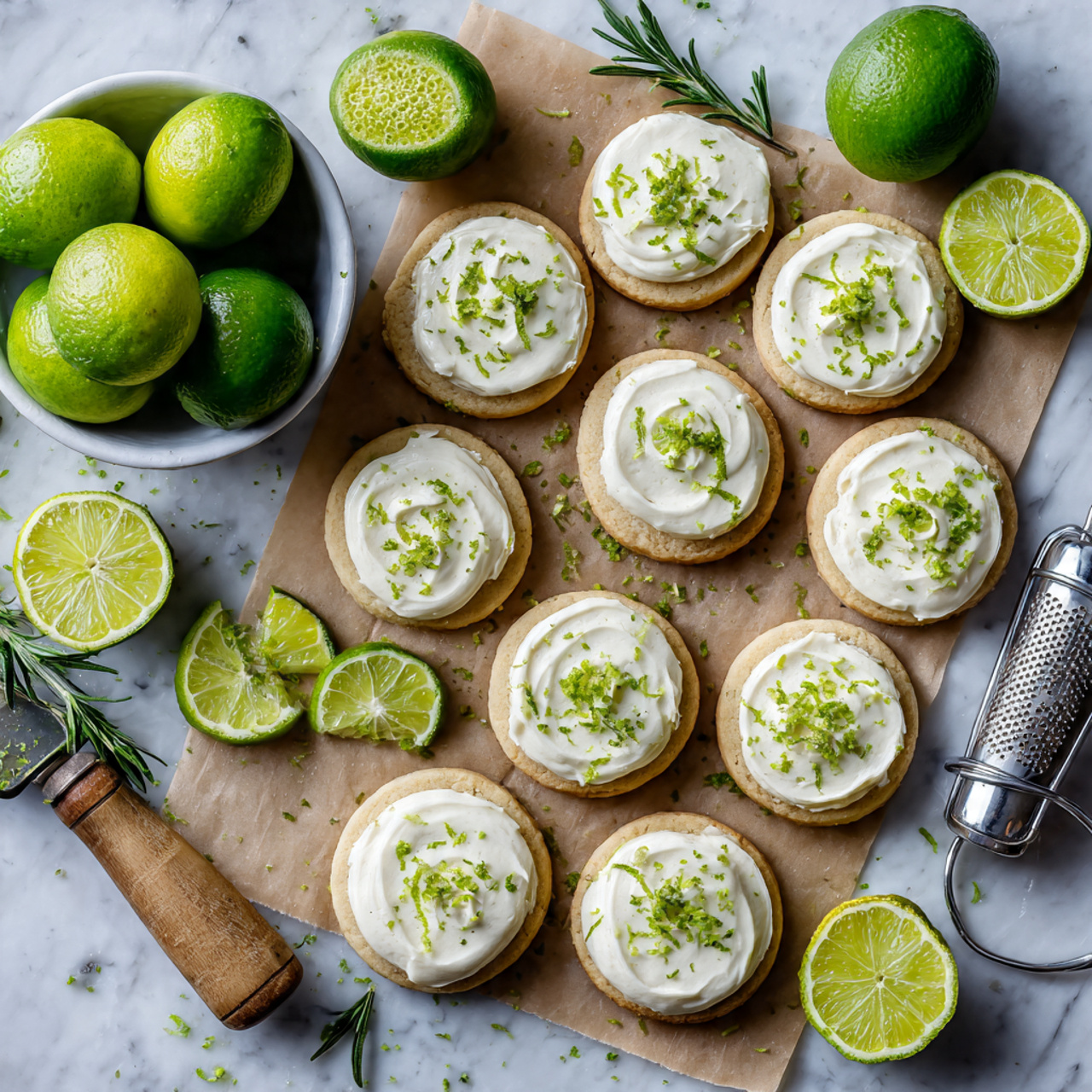 Key Lime Cookies with Tangy Lime Glaze Recipe 5 The image shows a white marbled surface with a piece of brown parchment paper on top holding 14 round sugar cookies arranged in a scattered group. Each cookie has two layers: a light yellowish-brown base with a smooth, white frosting layer on top, sprinkled with bright green lime zest. Around the cookies are whole limes, a few limes sliced in cross-sections with fan-like cuts, and a metal grater with a wooden handle resting next to a lime showing some zest caught on it. A small white bowl filled with whole limes and lime halves sits in the top left corner along with a green rosemary sprig. Photo taken with an iphone --ar 4:5 --v 7