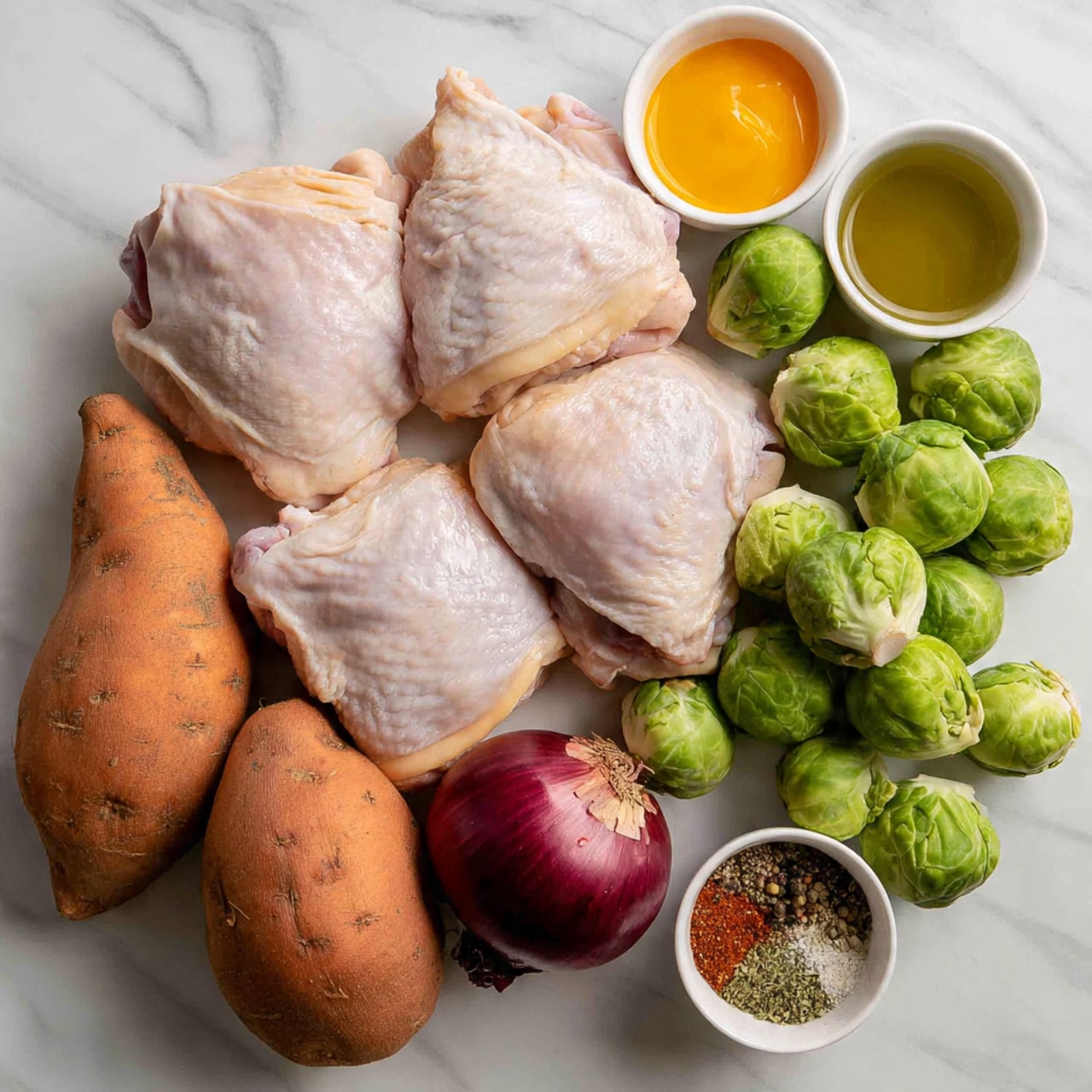 The image shows raw chicken thighs with skin on, layered on top of thin slices of bacon and other deli meats on a white plate. Next to the plate are two whole sweet potatoes with a rough orange skin, a large red onion with some roots attached, and a group of fresh green Brussels sprouts. There are also three small white bowls containing bright yellow mustard, red hot sauce, and light green oil. Another small white bowl holds a mix of dried herbs and spices including black pepper, salt, and red powder. All the items are arranged on a white marbled surface. photo taken with an iphone --ar 4:5 --v 7