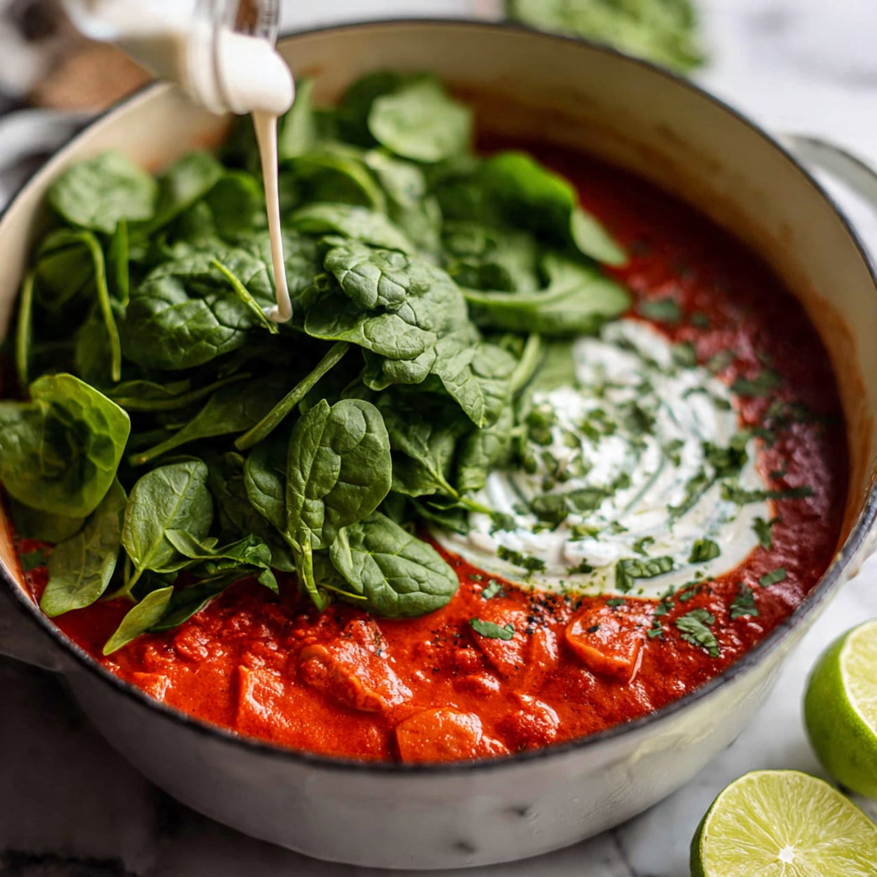 This image shows a white pot filled with three layers. The bottom layer is bright red tomato soup with visible pieces of vegetables. The middle layer is partly covered with white cream swirled throughout the soup. On top, there is a large pile of fresh dark green spinach leaves that look wet and fresh. On the side, a woman's hand is pouring more white cream into the pot. The pot is placed on a white marbled surface, and to the right, there are some cut lime pieces and green herbs. Photo taken with an iphone --ar 4:5 --v 7