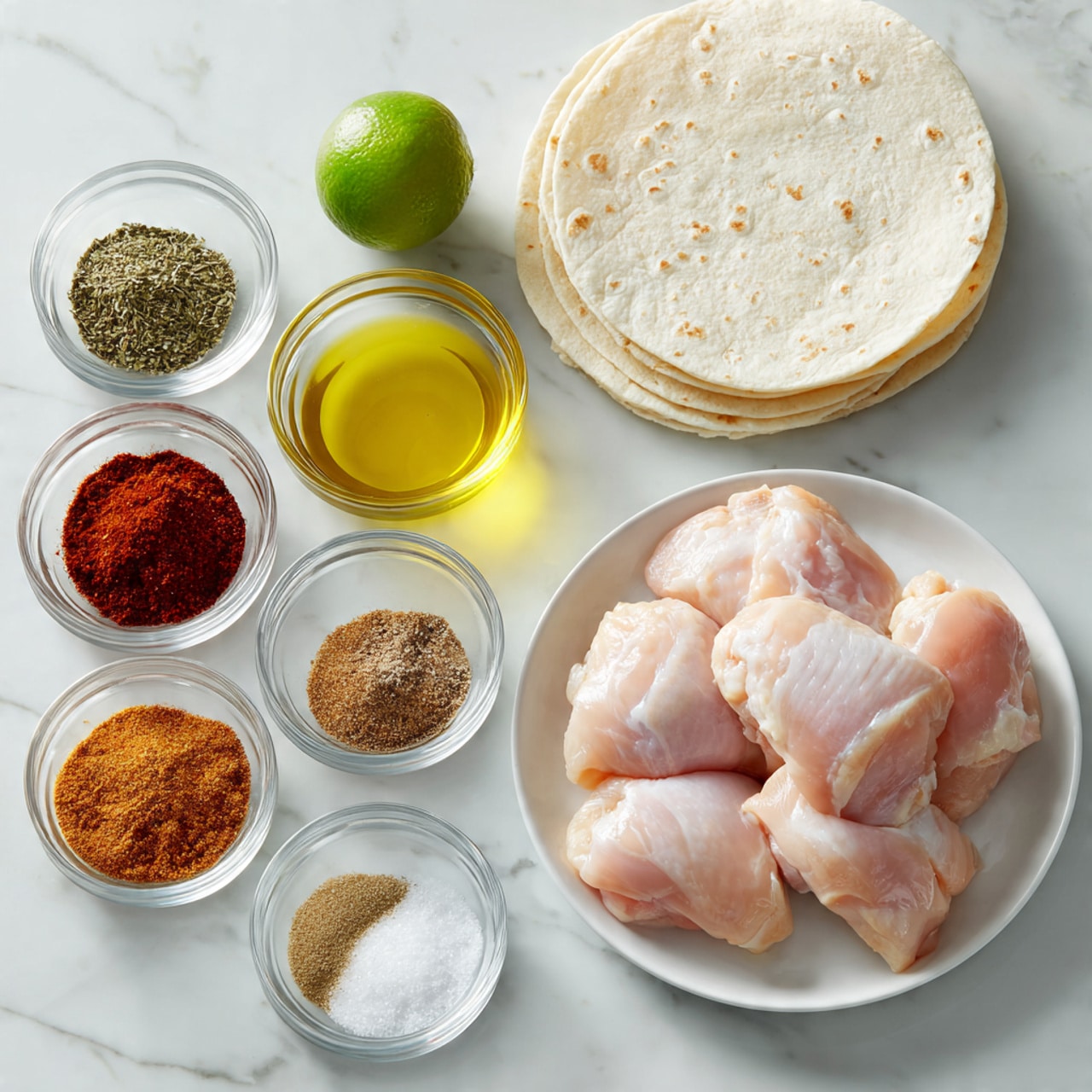 The image shows several raw chicken pieces with pale pink color placed on a white plate on the right side. To the left, there are six small clear bowls each holding different spices and ingredients: one with green dried oregano, one with dark red smoked paprika, one with reddish-brown chili powder, one with light brown cumin, one with white salt, and one with black pepper. Above these bowls, there is a bright green whole lime next to a small glass bowl filled with yellow oil. At the top center of the image, five white corn or flour tortillas are stacked in a neat pile. All these items are set on a white marbled surface. photo taken with an iphone --ar 4:5 --v 7