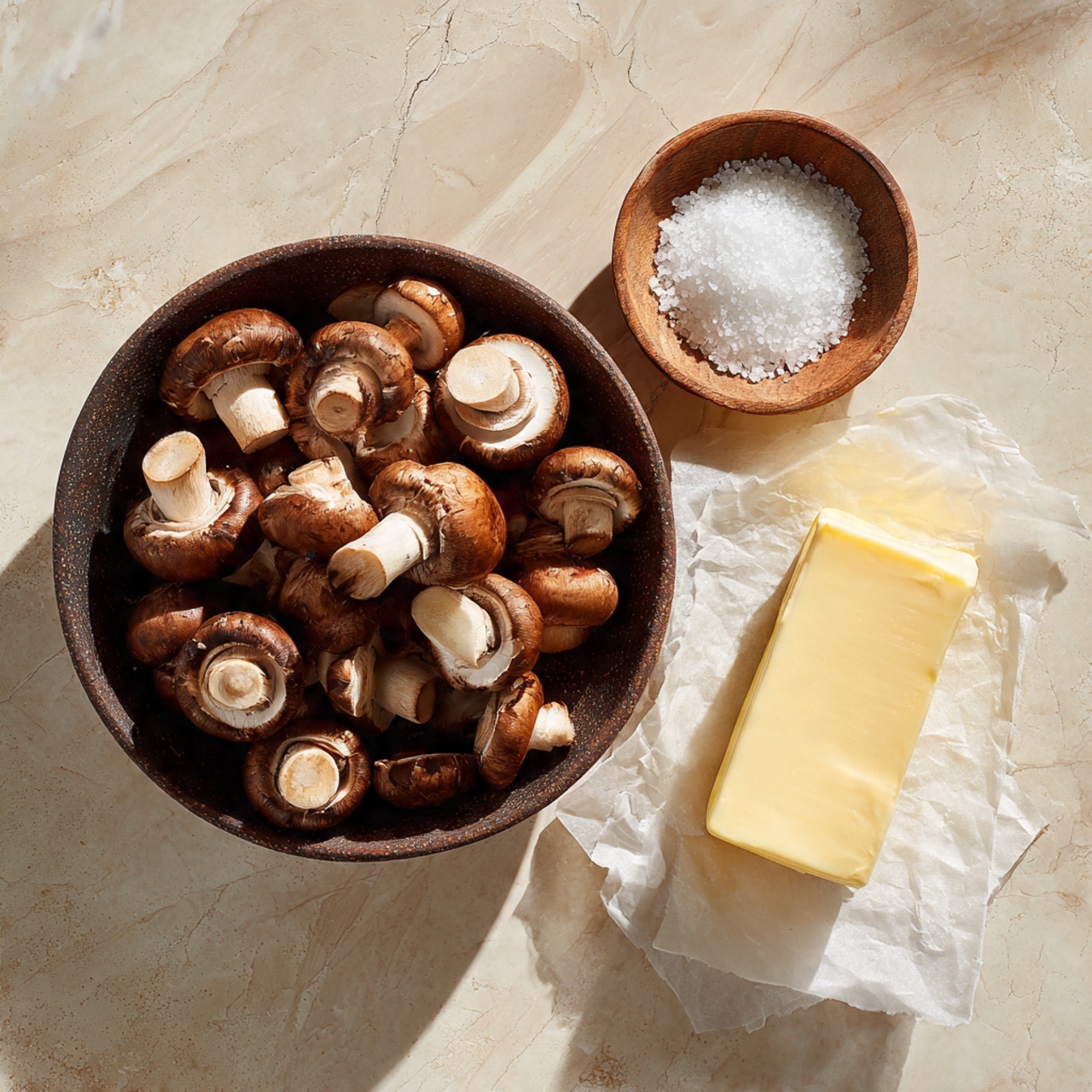 A dark bowl filled with many small brown mushrooms, each sliced in halves or quarters, showing white insides with a smooth texture, sits on a white marbled surface. To the right of the bowl is a small round bowl of coarse white salt and a rectangular stick of pale yellow butter resting on white parchment paper. The scene has soft, natural lighting and a clean, simple look photo taken with an iphone --ar 4:5 --v 7