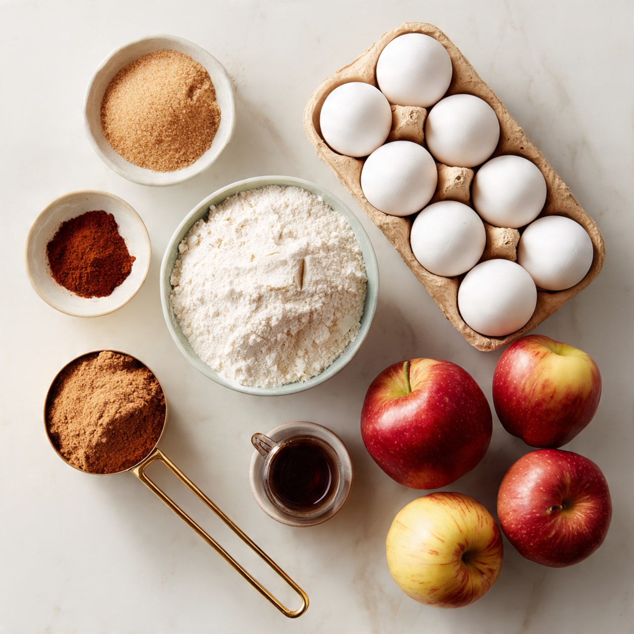 The image shows a top view of baking ingredients arranged on a white marbled surface. There are two red and yellow apples in the lower right corner, above them a small white bowl with light brown cinnamon powder. To the left of the apples is a gold-handled measuring cup filled with light brown sugar. Above this cup, there is a cardboard carton holding six white eggs. Above the eggs, in the center, is another gold-handled measuring cup filled with white flour. To the right of the flour, a small dark brown bottle is placed. At the top left corner, there is a small white bowl with reddish-brown spice powder. The scene is clean and bright with even lighting. photo taken with an iphone --ar 4:5 --v 7