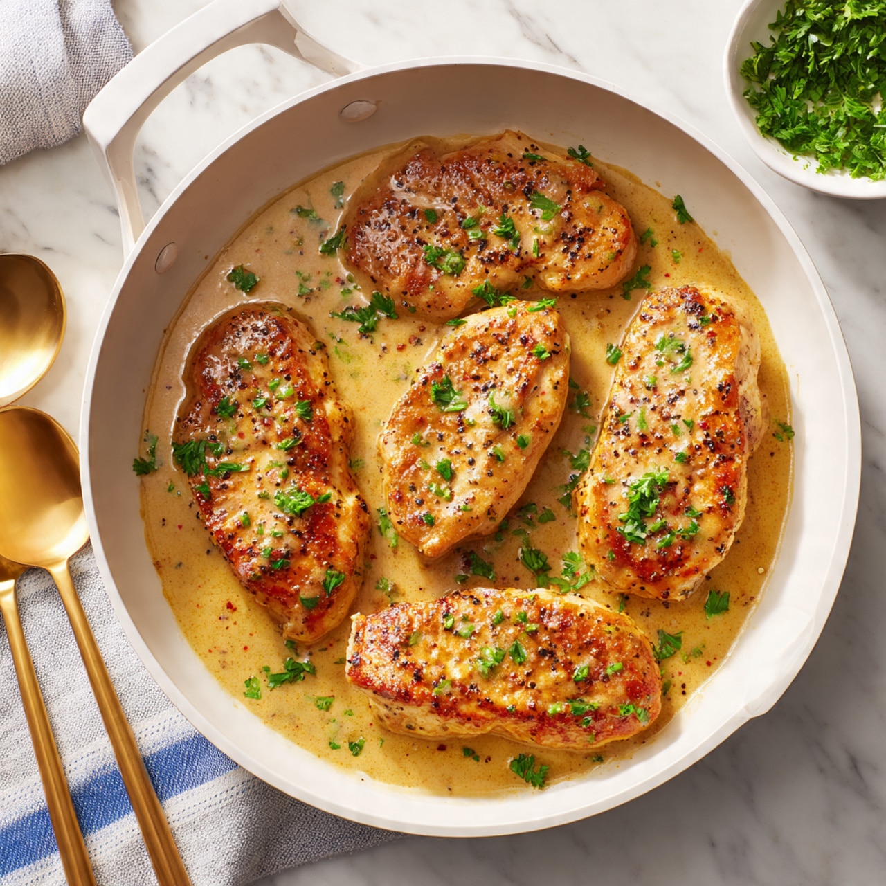 The image shows four browned, seasoned chicken pieces cooking inside a white pan with short handles. Each piece has a golden-brown color with dark seasoning spots, creating a textured, crispy surface. The pan has some dark brown bits stuck to it around the chicken, highlighting the cooking process. The background is a white marbled surface. Photo taken with an iphone --ar 4:5 --v 7