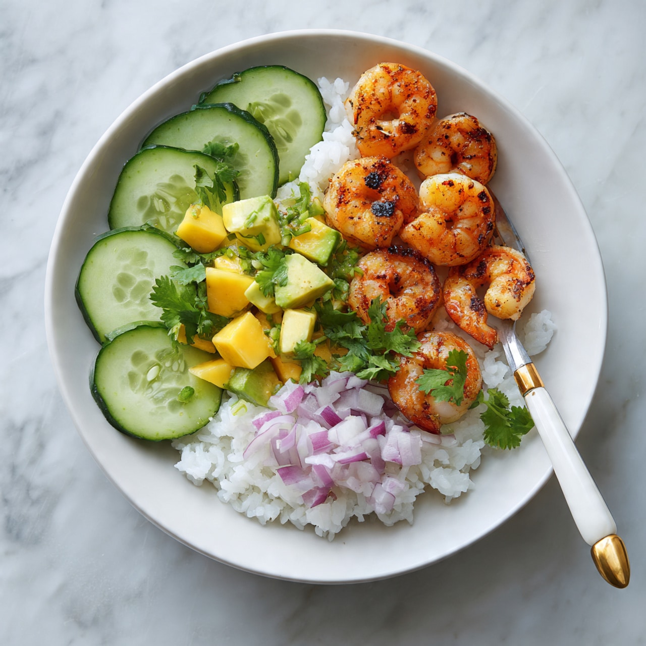 A white bowl holds a layered shrimp dish. The base layer is fluffy white rice that fills the bowl. On one side, there are thin slices of green avocado fanned out smoothly. Next to the avocado is a bright yellow mango salsa with small diced pieces mixed with green herbs. The top layer is a row of grilled shrimp with a light char and grill marks, coated lightly with yellow sauce and sprinkled with green herbs. The bowl sits on a white marbled surface with lime wedges blurred in the background. Photo taken with an iphone --ar 4:5 --v 7