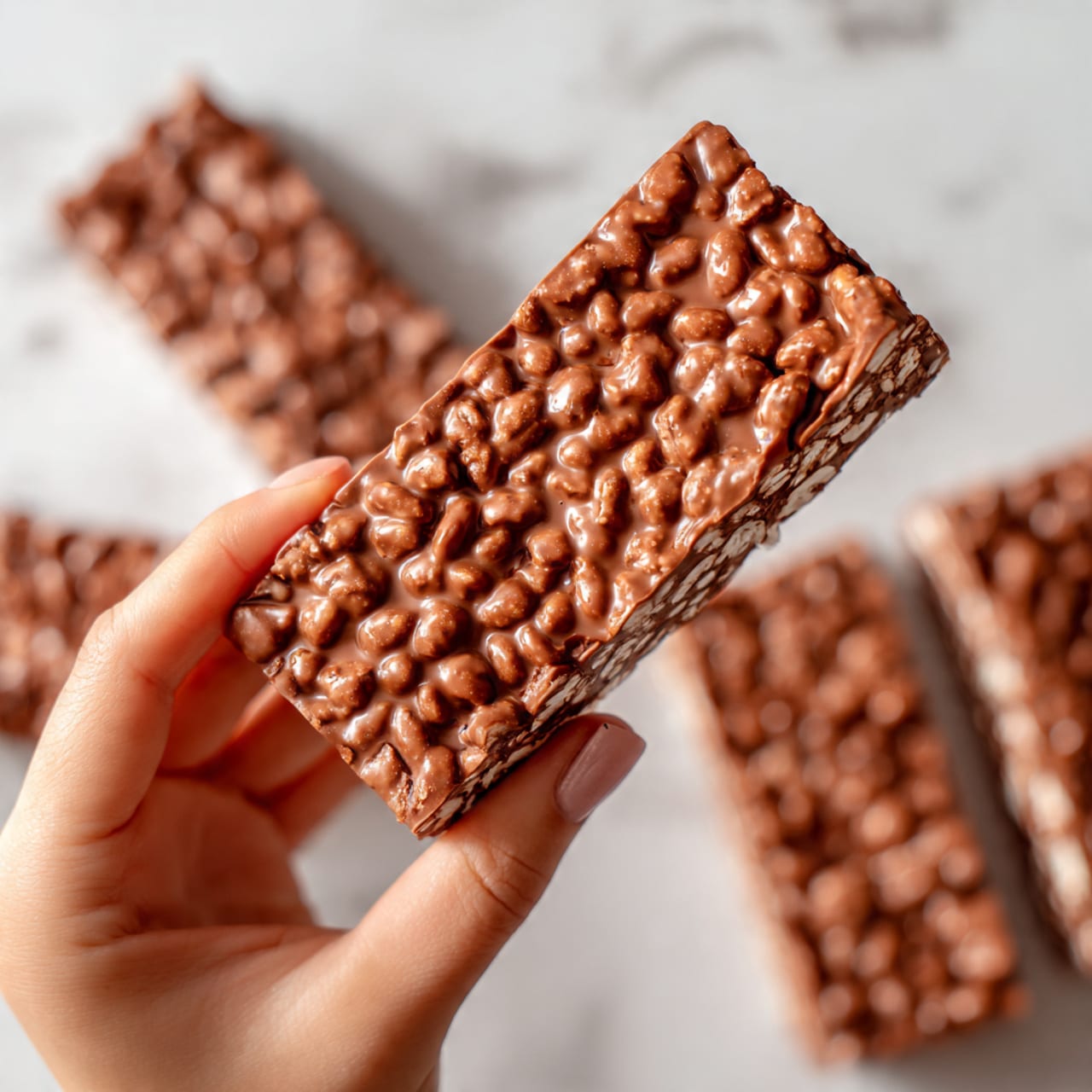A close-up shows a woman's hand holding a rectangular chocolate bar with a bumpy texture made by puffed rice mixed in melted milk chocolate, giving it a shiny and rich brown look. In the blurred background, several more chocolate bars lie flat on a white marbled surface. The chocolate bars all have a single thick layer with a smooth underside and a raised, textured top covered in puffed rice. The photo is sharp on the front bar and softens behind. photo taken with an iphone --ar 4:5 --v 7
