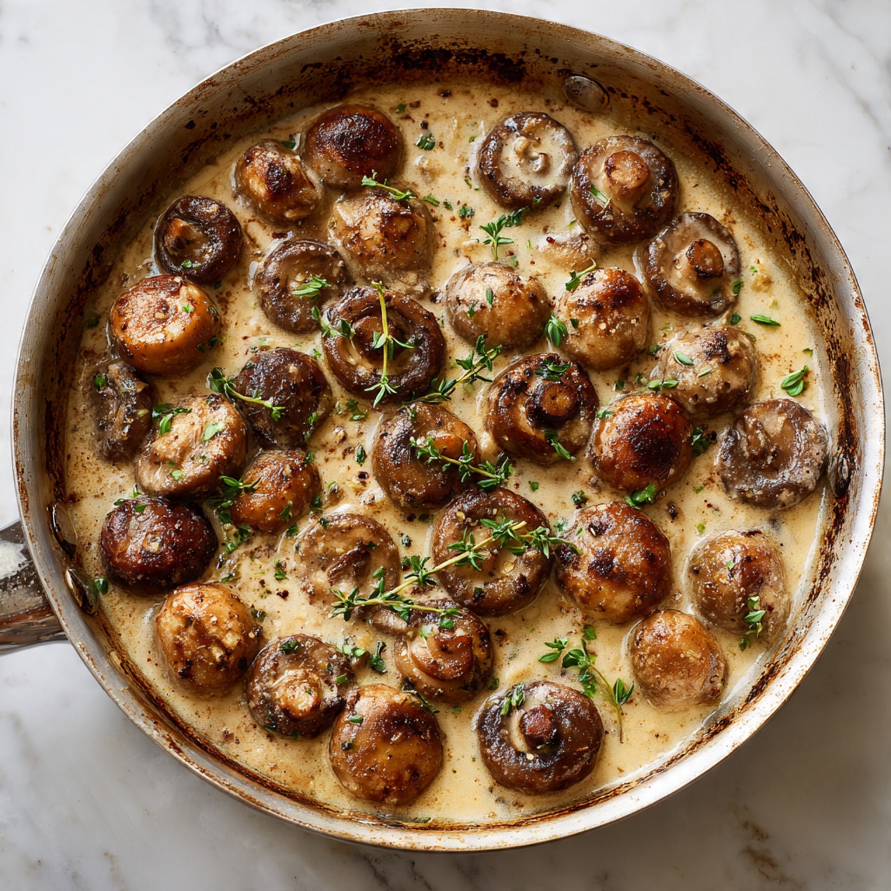 A metal pan filled with cooked brown mushroom pieces in a light creamy sauce, scattered with small green herb leaves on top. The edge of the pan shows some brown caramelized spots. The surface under the pan is white with a marbled texture. photo taken with an iphone --ar 4:5 --v 7