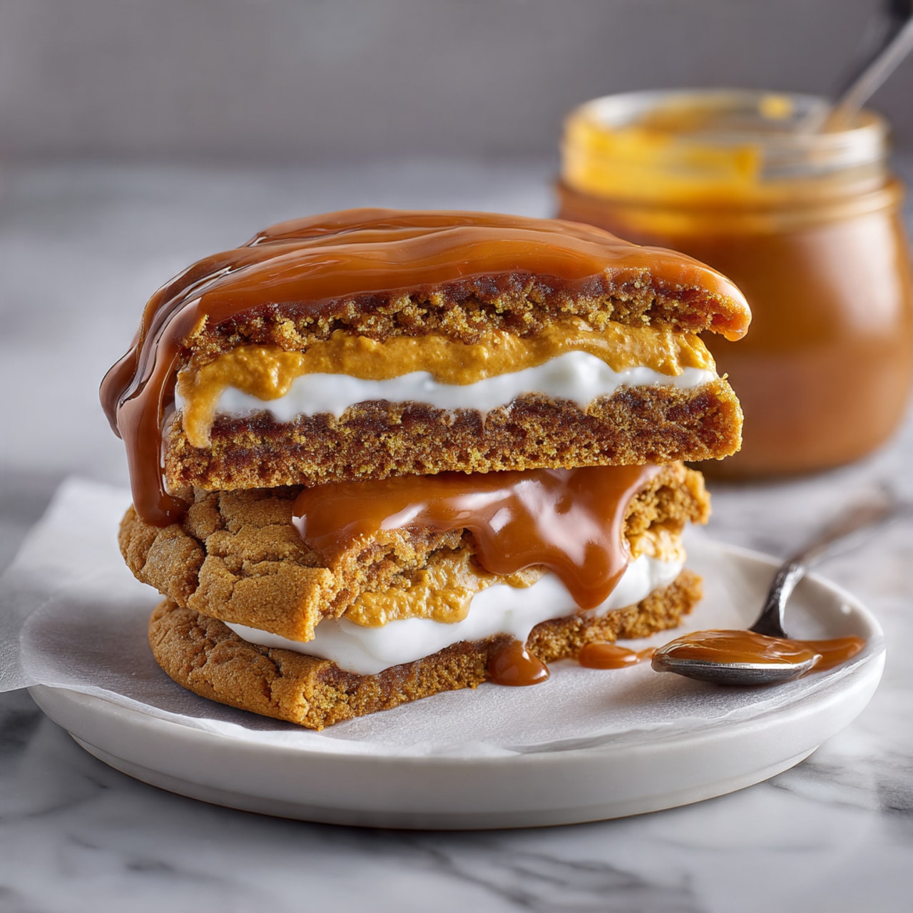 The image shows a close-up of a caramel-topped cookie bar, cut in half and stacked on a white plate with a white marbled surface underneath. The dessert has three layers: the bottom layer is a thick, golden-brown cookie base with a slightly crumbly texture; the middle layer is a smooth, creamy white topping; and the top layer is a shiny, rich caramel glaze that drips slightly on the sides. In the background, there is a glass jar with caramel sauce inside and a spoon, slightly out of focus. Photo taken with an iphone --ar 4:5 --v 7